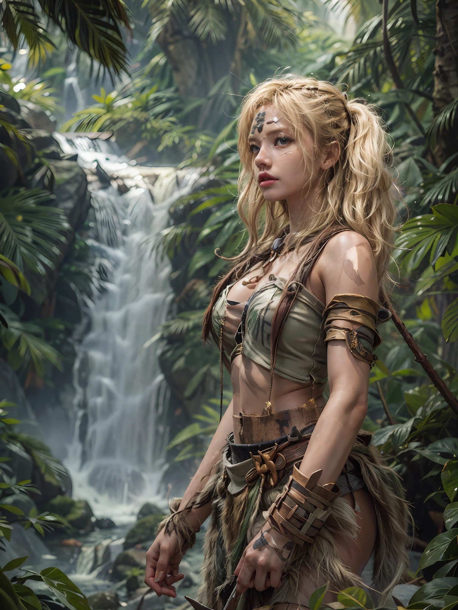 (best quality:1.33), (masterpiece:1.42), (realistic:1.5), (detailed:1.15), 1girl, amazon, adult female, blonde hair, twintails, dressed in a battle loincloth, war paint, waterfall, jungle, intricate