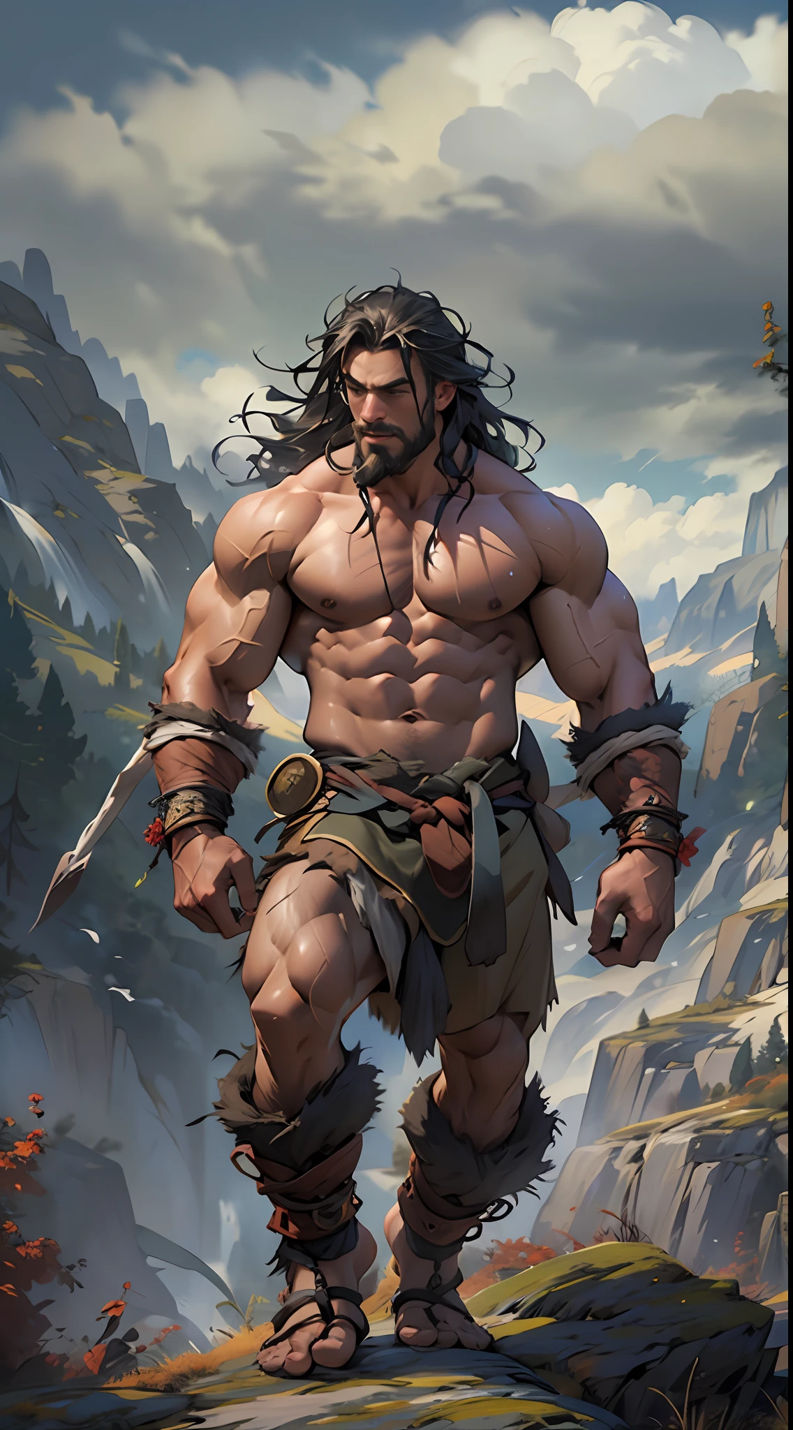 Muscular barbarian, upper body unclothed, legs uncovered from thighs to feet, flowing long curls, detailed muscular physique, lifelike representation, 4K resolution. Background: Wild untamed wilderness with rugged mountains,32k uhd, best quality, masterpiece, super detail, high details