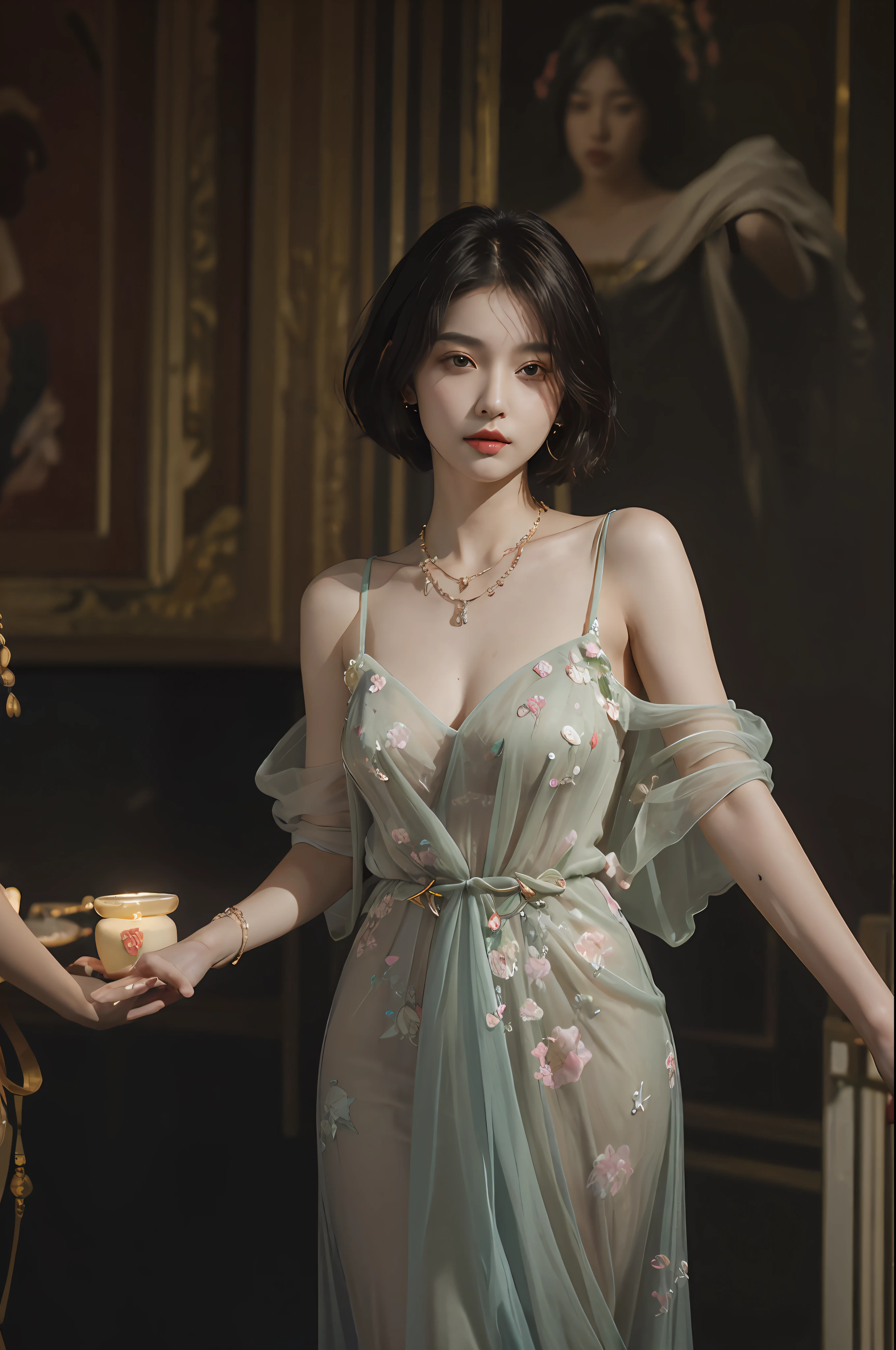 top-quality、​masterpiece、超A high resolution、(Photorealsitic:1.5)、Raw foto、1girl in、murky、deep-shadows、Unobtrusive、cold light、sexy appearance、shorth hair、((very_short_hair))、((Luxury evening dresses))、((Luxurious painting))、((Luxurious necklace))、((Floral hair ornament))、((hair ornament))