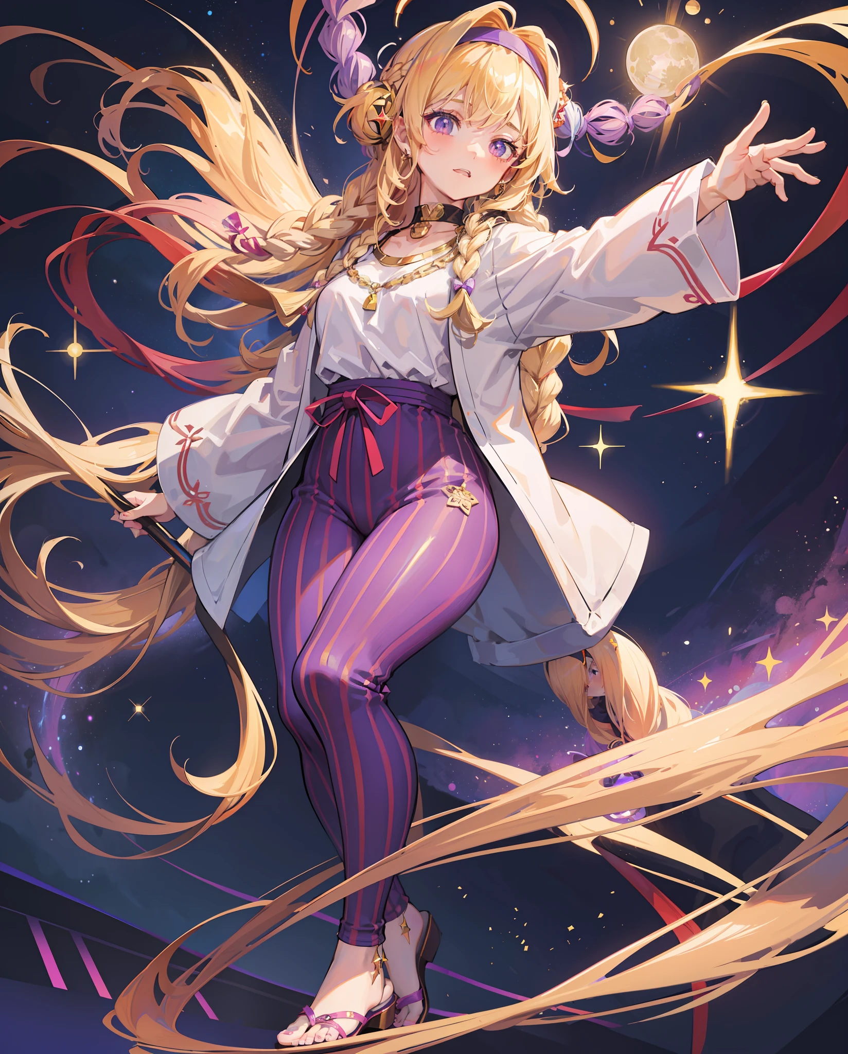 Altoona, Female, blond thick curls with a huge braid, headband with planets and moon on it, wearing black long sleeved shirt with red maroon and pink stripes, purple blue and white short sparkle pants, purple and gold ribbon sandals, a gold icon necklace, long blond fluffy wolf tail, background is purple and white with stars and stardust and a huge moon in the sky, best quality, masterpiece