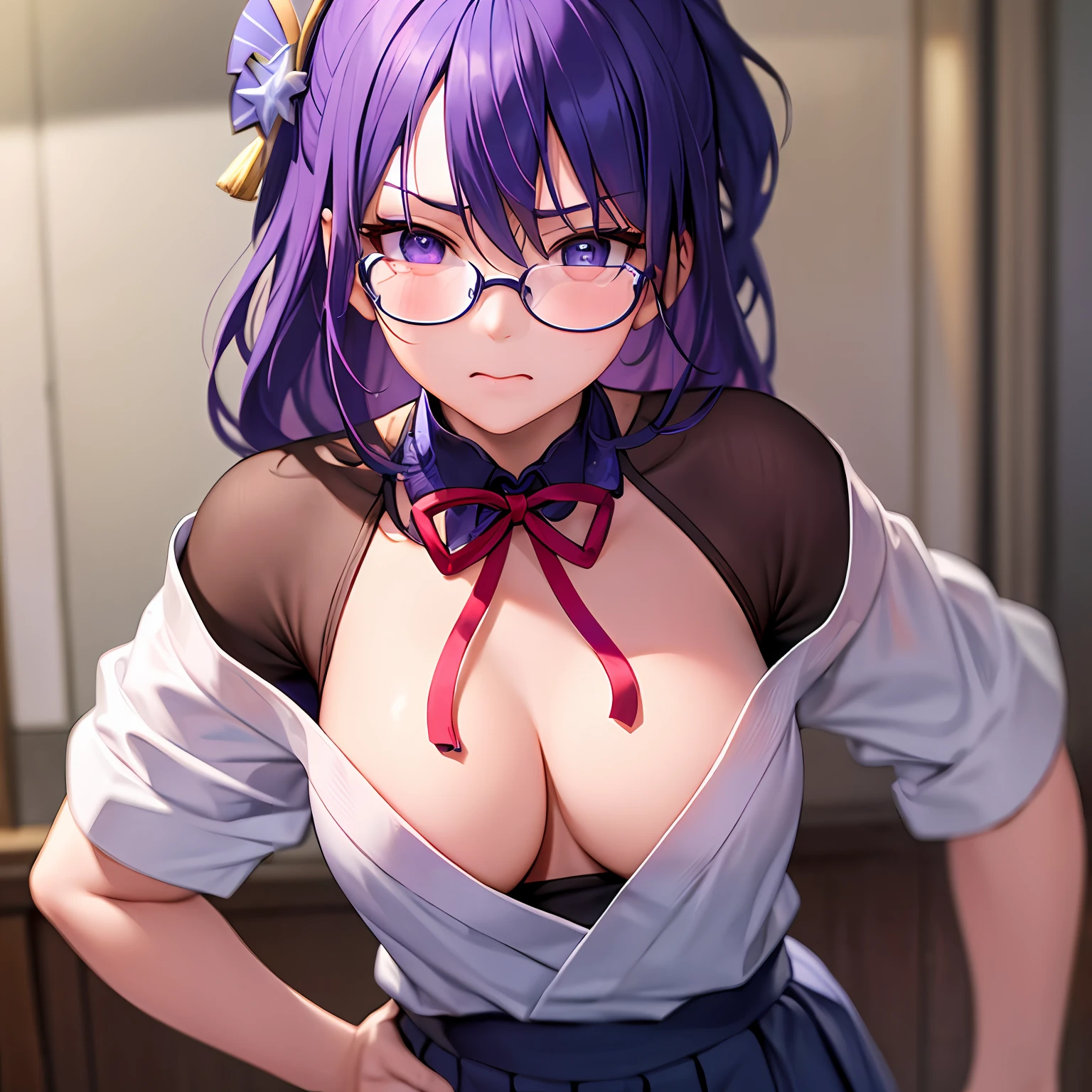(masterpiece, best quality, ultra detailed, hyper realistic, photo),delicate pattern, detailed background, uncensored completely,
1raiden shogun, cowboy shot,  japanese girl, class room,
school uniform, loose collar, skirt, looking over eyewear,
hair between eyes,
put up index finger and one hand on hip,  angry with puffed cheeks,
from above, leaning forward,
