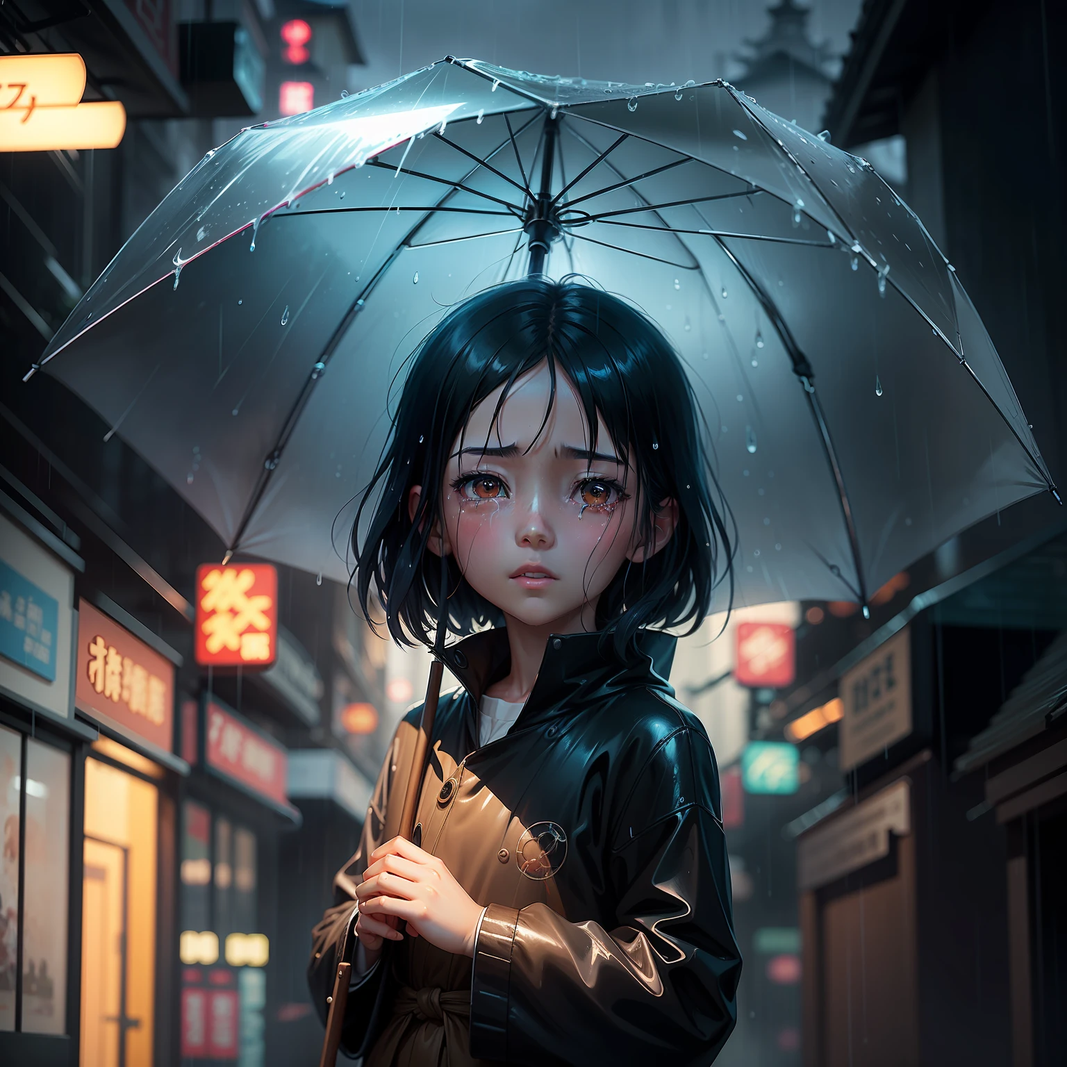 In the rain, there was a holding an umbrella, tears in the rain, Guviz, Atmospheric anime, Guviz-style artwork, dreamy psychedelic anime, In the rain, raining glass shards, blurry and dreamy illustration, guweiz masterpiece, under rain, heavy rain poured, animated movie still, blurry and dreamy illustration, anime atmospheric