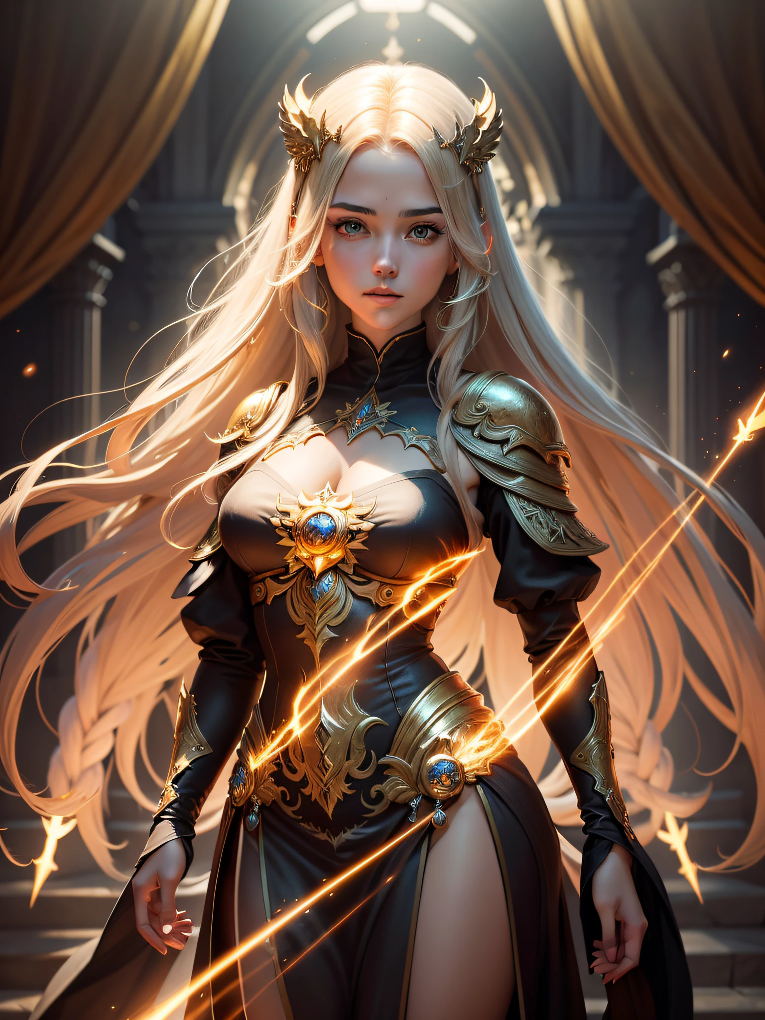 ((best qualtiy)), ((tmasterpiece)), (Realistis)), The subject: Gorgeous Galadler,A celestial beacon of strength and grace in action:Exudes an aura of majesty and wisdom,Her appearance draws attention to the background:A mysterious golden glow illuminates the environment:Illuminate the radiant sanctuary:Illuminated by otherworldly lights,Highlight her captivating presence as an artist: Works inspired by characters from Alan Lee and John Howe:A girl 22 years old,Side Body:1.4,upperbody closeup,Wear a turtleneck dress,Foot drape style:Capture the essence of fantasy and mythology in exquisite detail in the medium:Digital painting is a clever blend with the traditional techniques of the genre:An awe-inspiring depiction of Galadel's ethereal beauty and power was created in the color scheme:Inject ethereal tones and glowing gold tones into computer graphics: Incorporate the latest advances in digital art quality: Elaborately crafted,The attention to detail is unmatched by the visual level,scenic view,tmasterpiece
