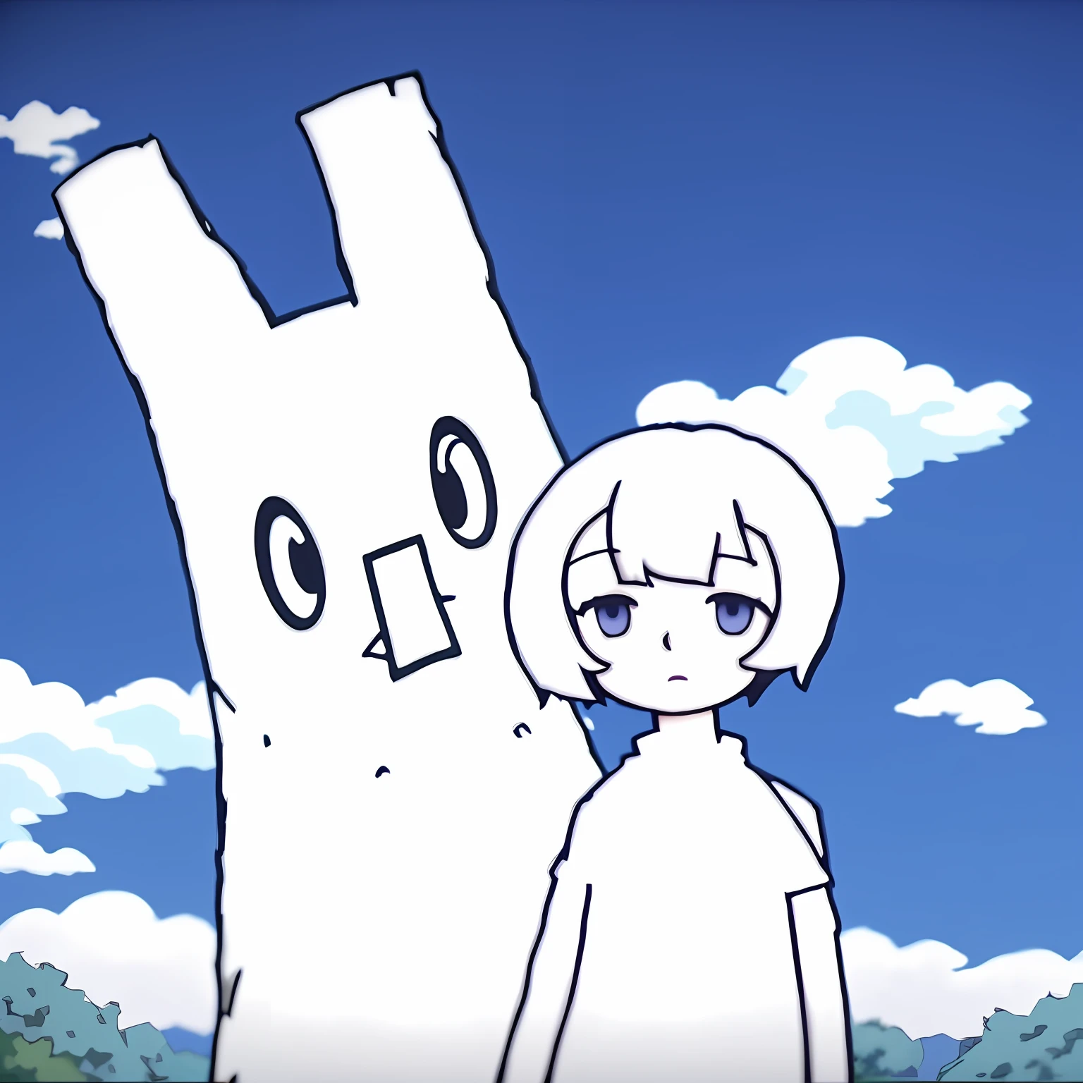 Caricature of a boy standing in front of a tree，The background is a castle, punpun onodera, oyasumi punpun, screenshot from ???? anime, screenshot from the anime film, still from tv anime, komono, Japanese animation style, Japanese animation, in style of kyoto animation, nichijou, anime big breast