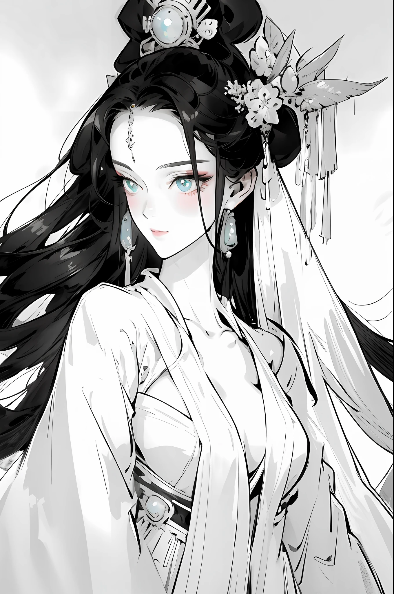 (Beautiful girl dressed in white),Wide sleeves,watery big eyes,Beautiful face and smooth fair skin,s delicate face,cabelos preto e longos,An ancient Chinese beauty,wearing ancient Chinese costume,gossamer,Vivid and bright colors,Vibrant digital illustration,(clean backdrop),Ink painting style,Clean colors,Decisive cut,A white space,unarmed,tmasterpiece, Ultra-delicate,Epic composition,high high quality,HighestQuali,4K