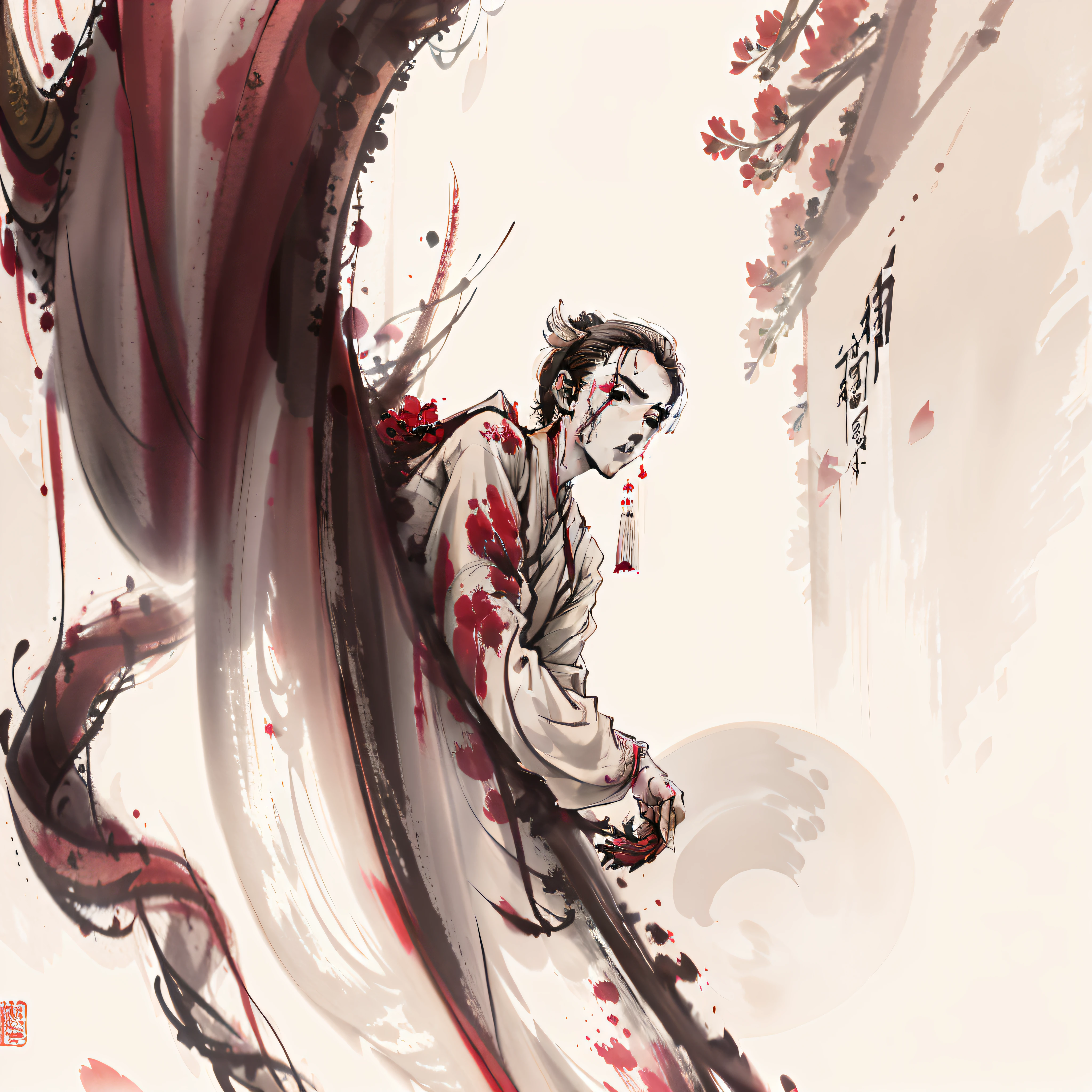 mtu,Blood all over the body,white clothes,Chinese ancient style handsome man,emaciated,Facial refinement