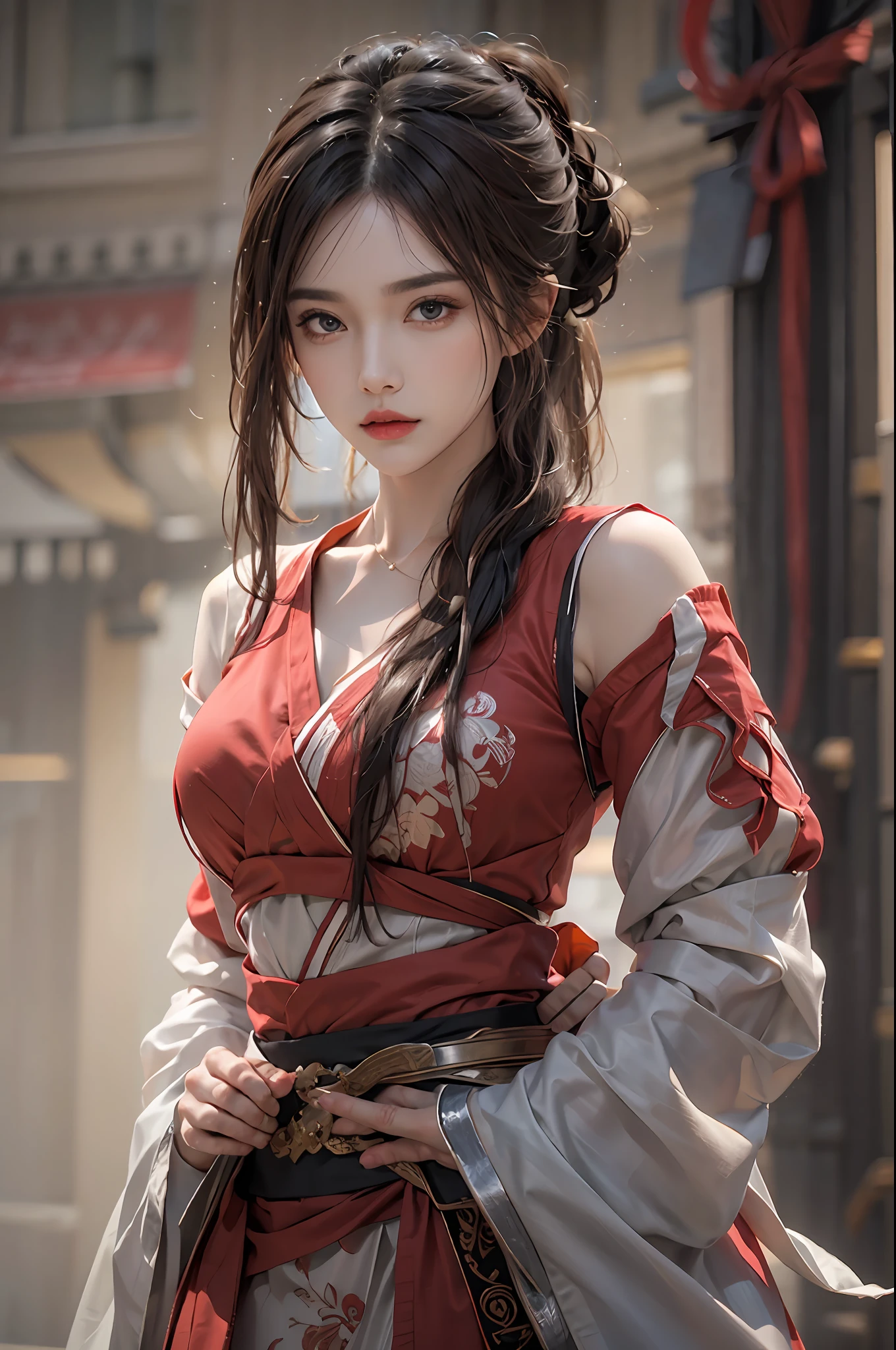 photorealistic, high resolution, 1 women, solo, hips_up, hips up, beautiful eyes, look at viewer, close lips, detailed face, long hair, NARAKA BLADEPOINT outfit, martial style