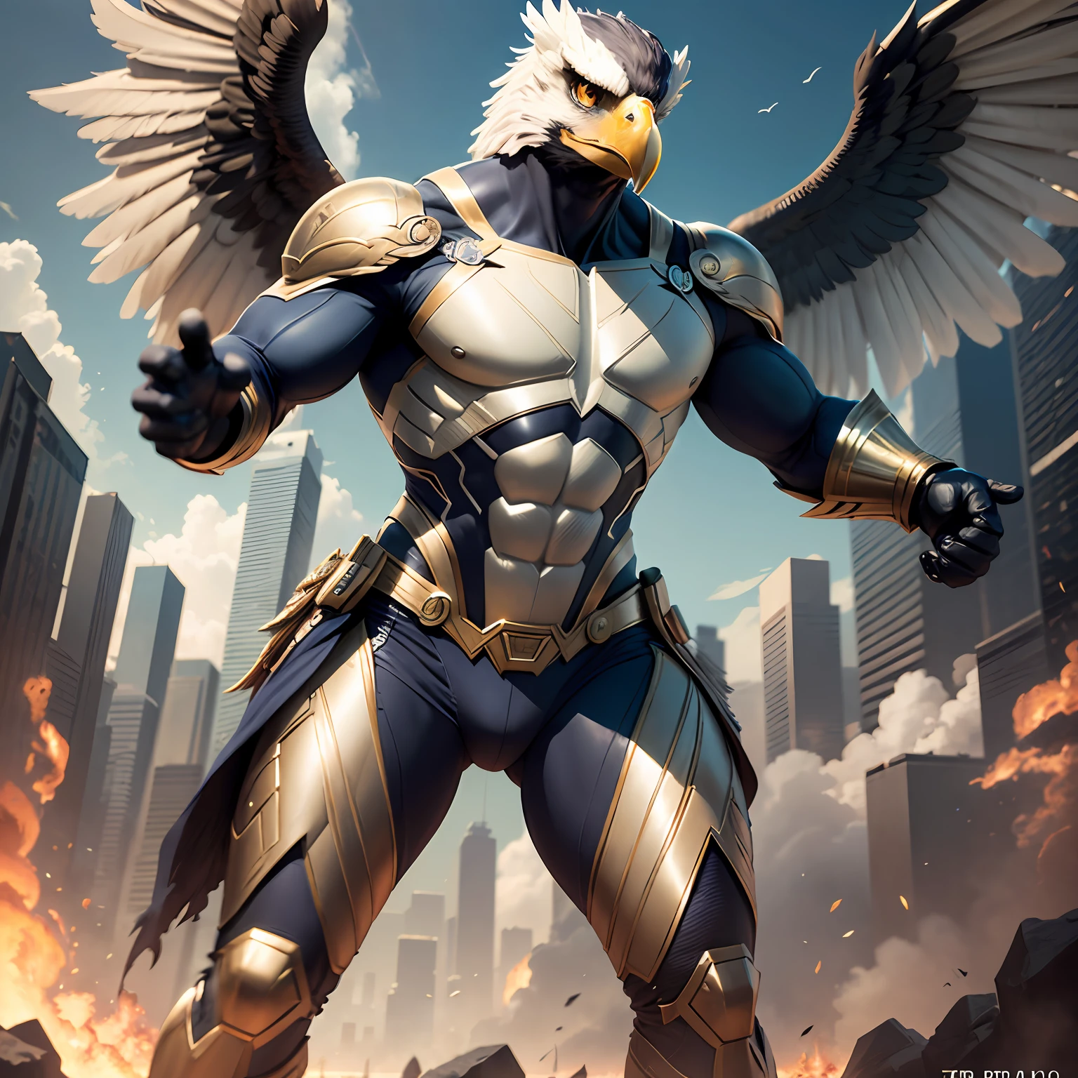 Although he is a very handsome man, His whole body is realistic,  superhero eagle man action eagle 3DLogo amazing movie highly detailed detailed face detailed suit CGI 8k high resolution