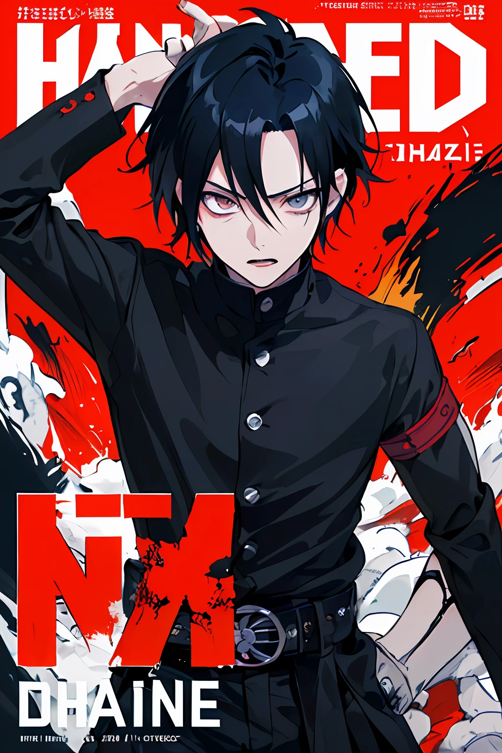 ((((dramatic))), (((gritty))), (((intense))) film poster featuring a young man as the central character. He stands confidently in the center of the poster, wearing a stylish and edgy outfit, with a determined expression on her face. The background is dark and gritty, with a sense of danger and intensity. The text is bold and attention-grabbing, with a catchy tagline that adds to the overall feeling of drama and excitement. The color palette is mainly dark with splashes of vibrant colors, giving the poster a dynamic and visually striking appearance,tachi-e
(magazine:1.3), (cover-style:1.3), fashionable, man, vibrant, outfit, posing, front, colorful, dynamic, background, elements, confident, expression, holding, statement, accessory, majestic, coiled, around, touch, scene, text, cover, bold, attention-grabbing, title, stylish, font, catchy, headline, larger, striking, modern, trendy, focus, fashion, uchiha sasuke, dark blue hair
