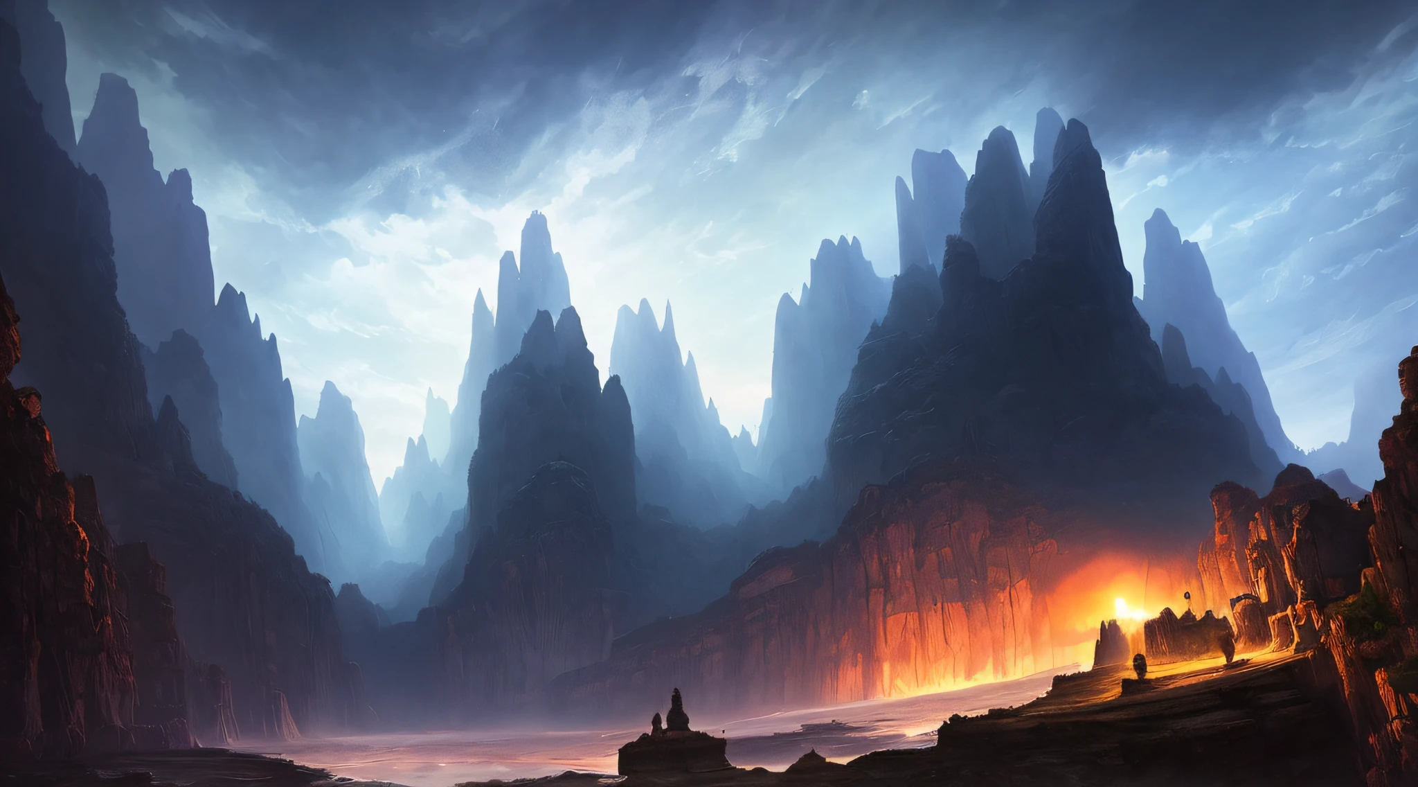 Huge cave，Cartoony，handpainted，epic sky, Detailed, Low angle, High detail, Warm lighting, volumetr, godrays, Vivid, Beautiful，dream magical，Cartoony，Misty