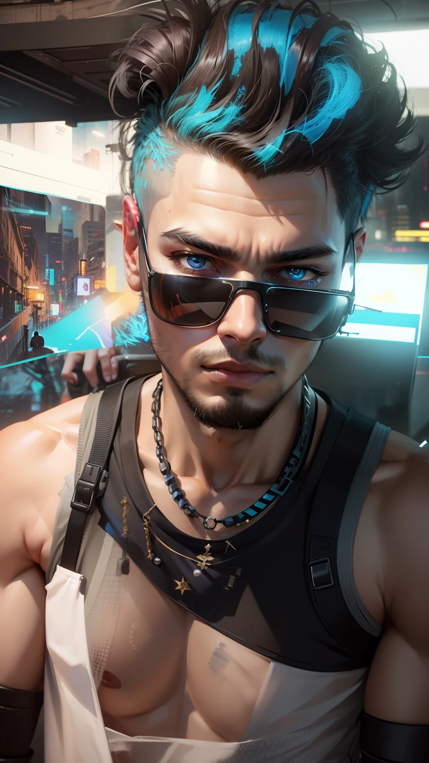 Change background cyberpunk handsome boy realistic and background blue black