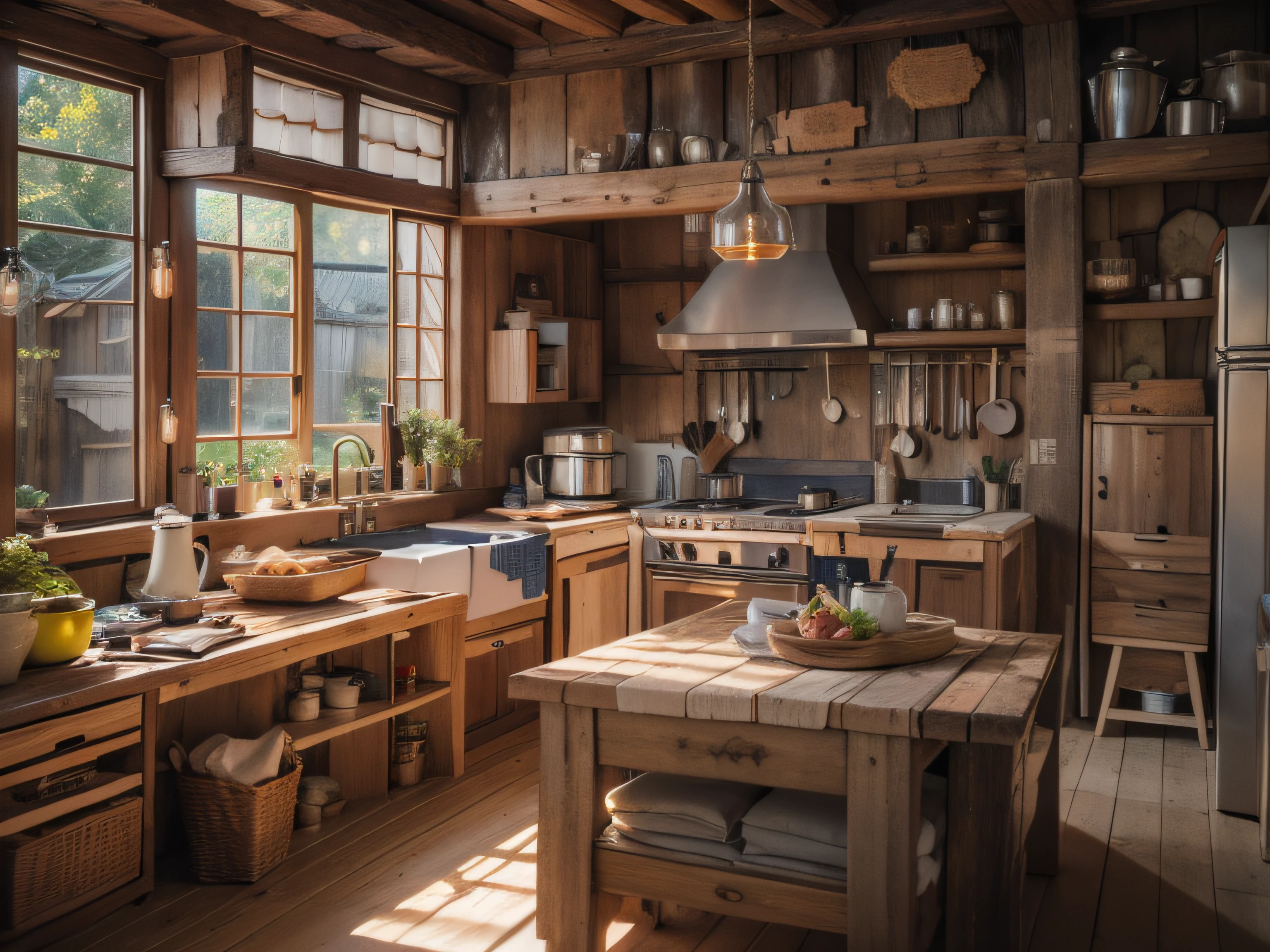 High-detail RAW color photography, Kitchen in a rustic wooden house, (higly detailed, hyper-detailing), particle fx, ray traced, 电影灯光, Shallow depth of field,sharp-focus