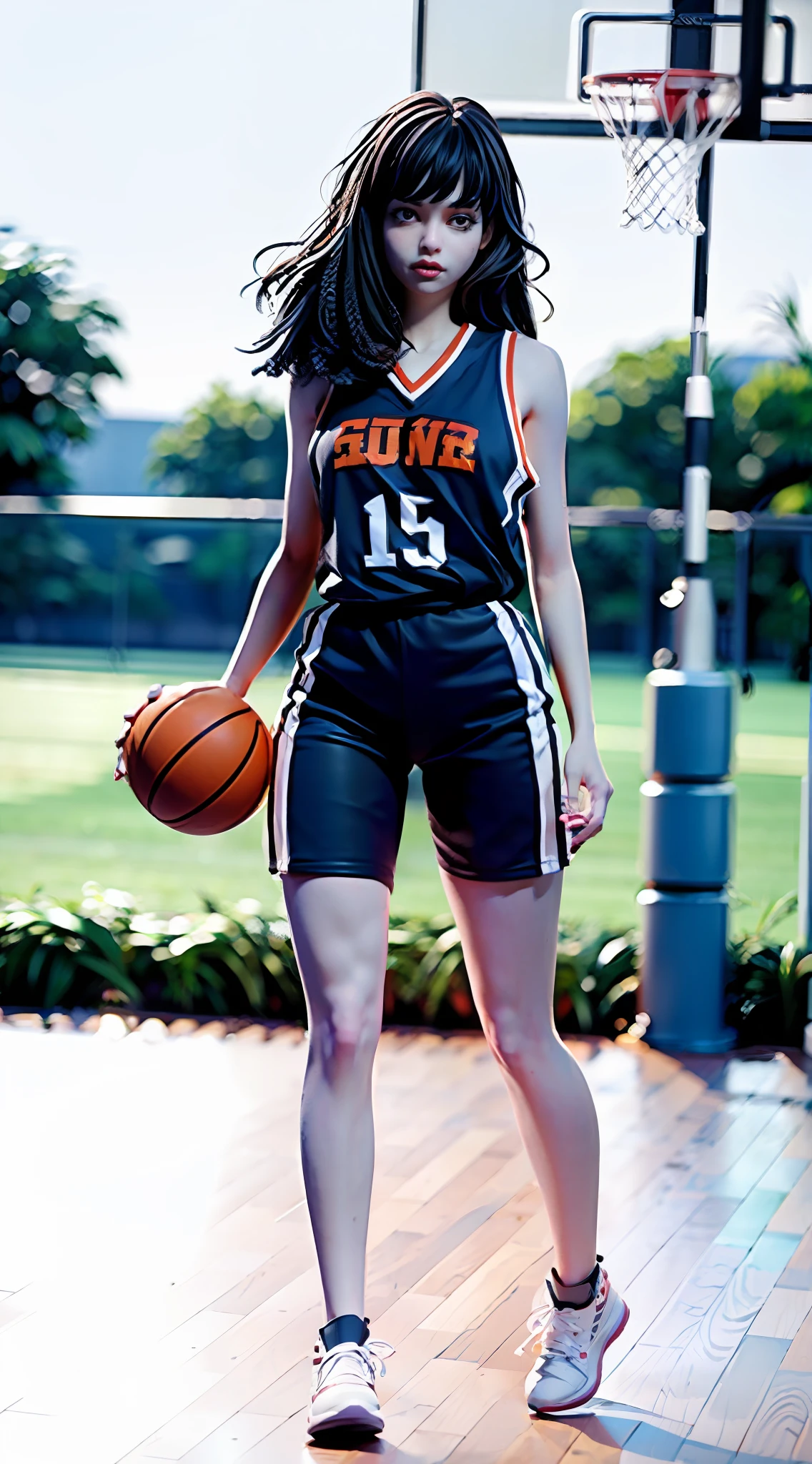 (8k, Best Quality, Masterpiece: 1.2), (Realistic, Realistic: 1.37), Ultra Detailed, Best Quality, Ultra High Resolution, Professional Lighting, Photon Mapping, Radiosity, Physically Based Rendering, Cinematic Lighting, Basketball Court, Depth of Field, Sharpness focus, sunlight, good composition, (bokeh: 1.2) 1girl, solo, (full body), (closed mouth), beautiful and detailed eyes, pose, narrow waist, basketball uniform, black hair, messy hair, long hair blowing in the wind, (ulzzang-6500:1.2) mix4, hiqcgbody