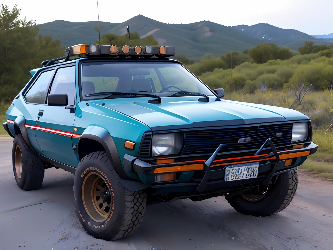 Um closeup de um AMC Eagle SX4, com rack de teto, estribos nas laterais, Competition Accessories (( pneus grossos e altos)) rodas preta de off-road, quebra mato frontal((( Estilo militar))), trending on vehicle design, dominance, corpo inteiro, corpo inteiro, 4l, gm, desporto, 🕹️ 😎 🔫 🤖 🚬, Detalhe poderoso, Album art, new vehicle, extremamente intrincado, vehicle, Directed by: Karl Völker