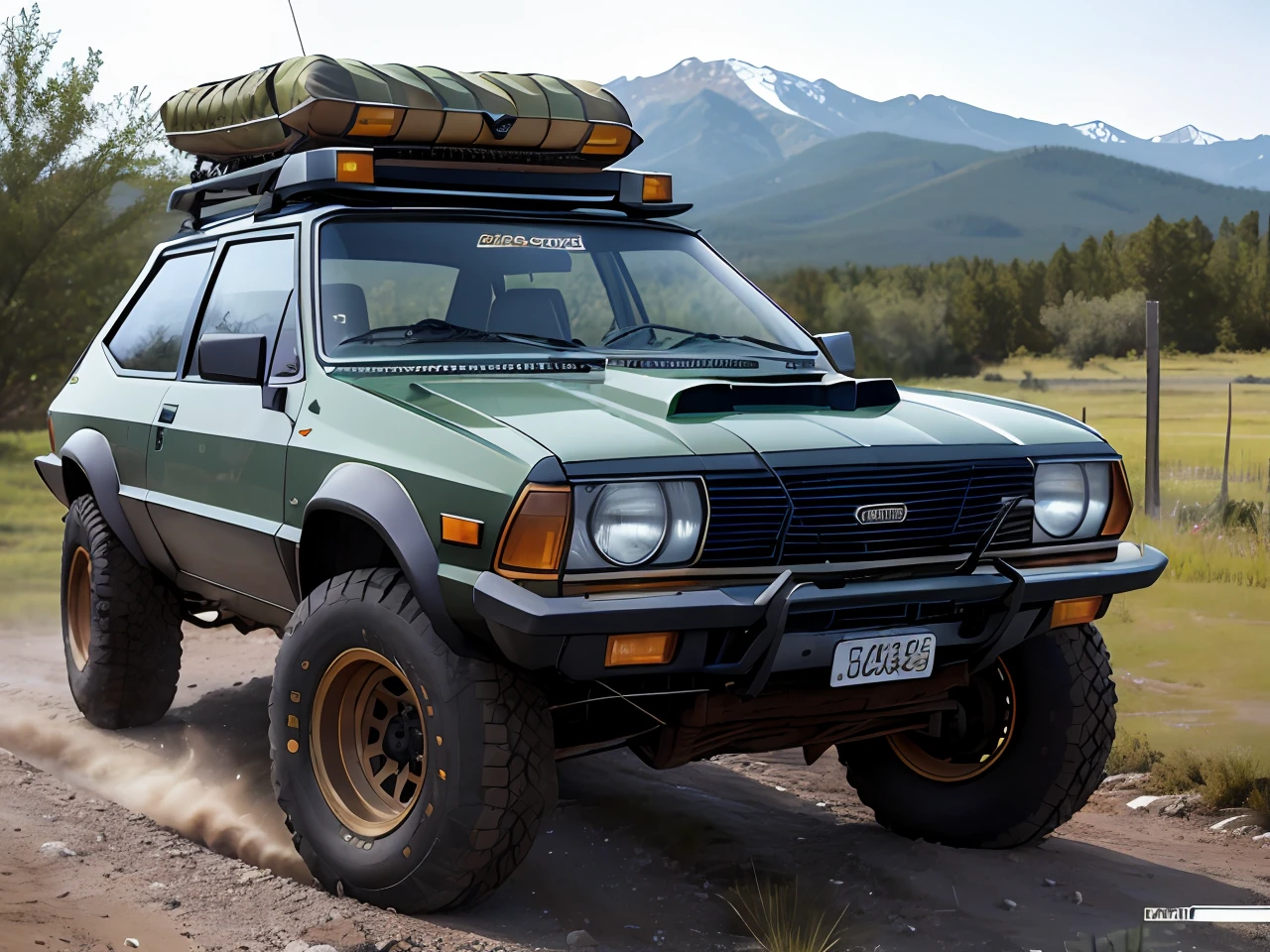 Um closeup de um AMC Eagle SX4, com rack de teto, estribos nas laterais, Competition Accessories (( pneus grossos e altos)) rodas preta de off-road, quebra mato frontal((( Estilo militar))), trending on vehicle design, dominance, corpo inteiro, corpo inteiro, 4l, gm, desporto, 🕹️ 😎 🔫 🤖 🚬, Detalhe poderoso, Album art, new vehicle, extremamente intrincado, vehicle, Directed by: Karl Völker