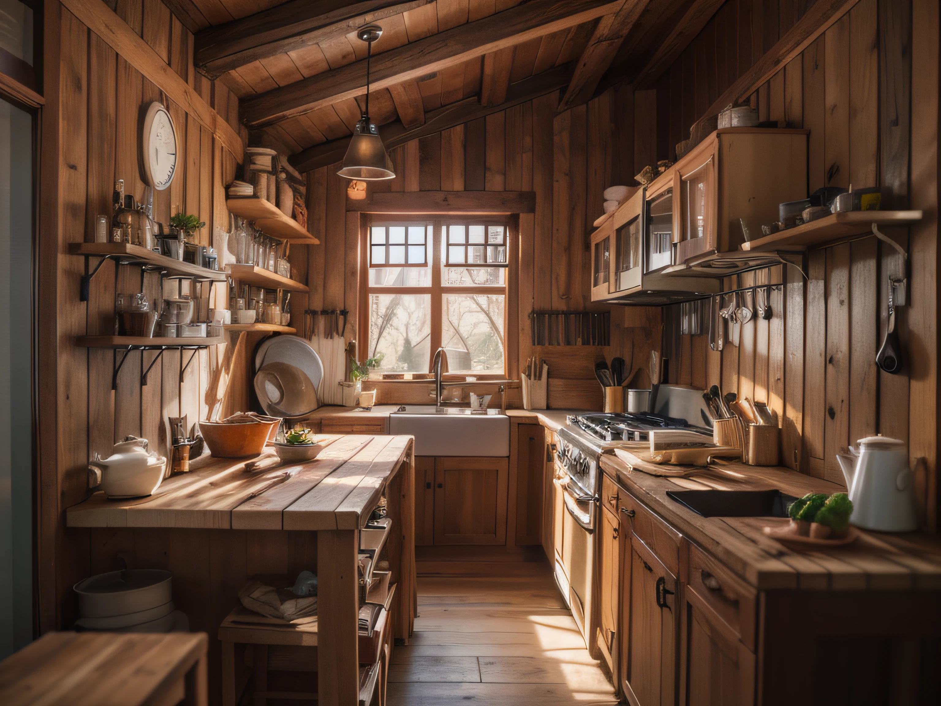 High-detail RAW color photography, Kitchen in a rustic wooden house, (higly detailed, hyper-detailing), particle fx, ray traced, 电影灯光, Shallow depth of field,sharp-focus