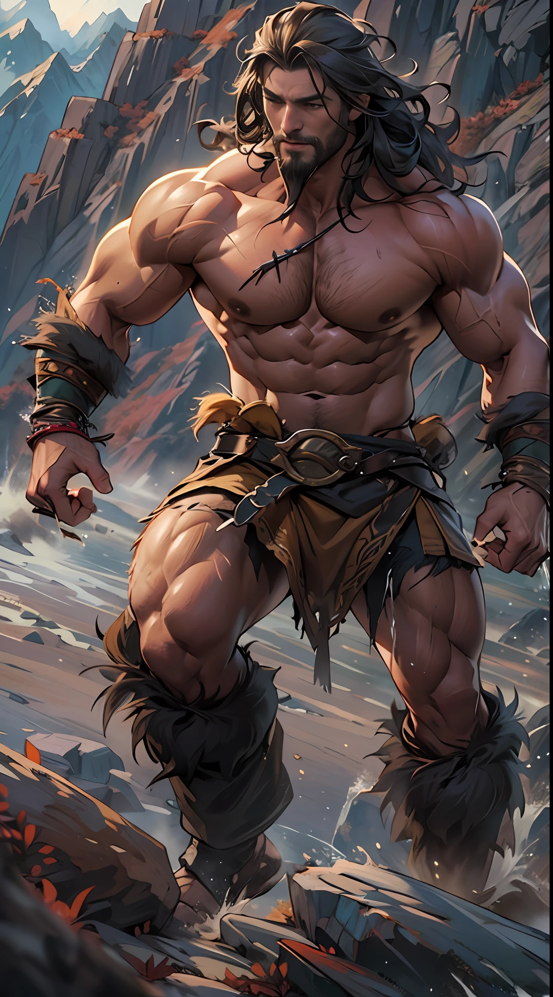Muscular barbarian, upper body unclothed, legs uncovered from thighs to feet, flowing long curls, detailed muscular physique, lifelike representation, 4K resolution. Background: Wild untamed wilderness with rugged mountains,32k uhd, best quality, masterpiece, super detail, high details