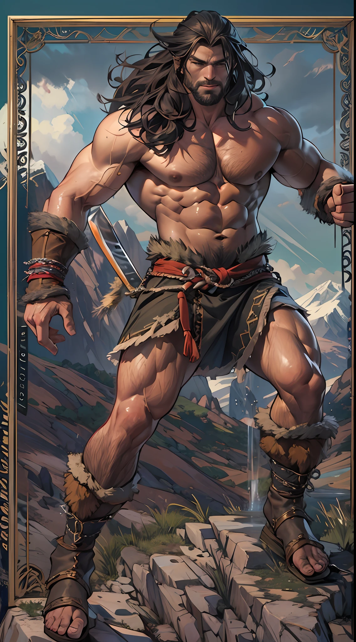 Muscular barbarian, upper body unclothed, legs uncovered from thighs to feet, flowing long curls, detailed muscular physique, lifelike representation, 4K resolution. Background: Wild untamed wilderness with rugged mountains,32k uhd, best quality, masterpiece, super detail, high details