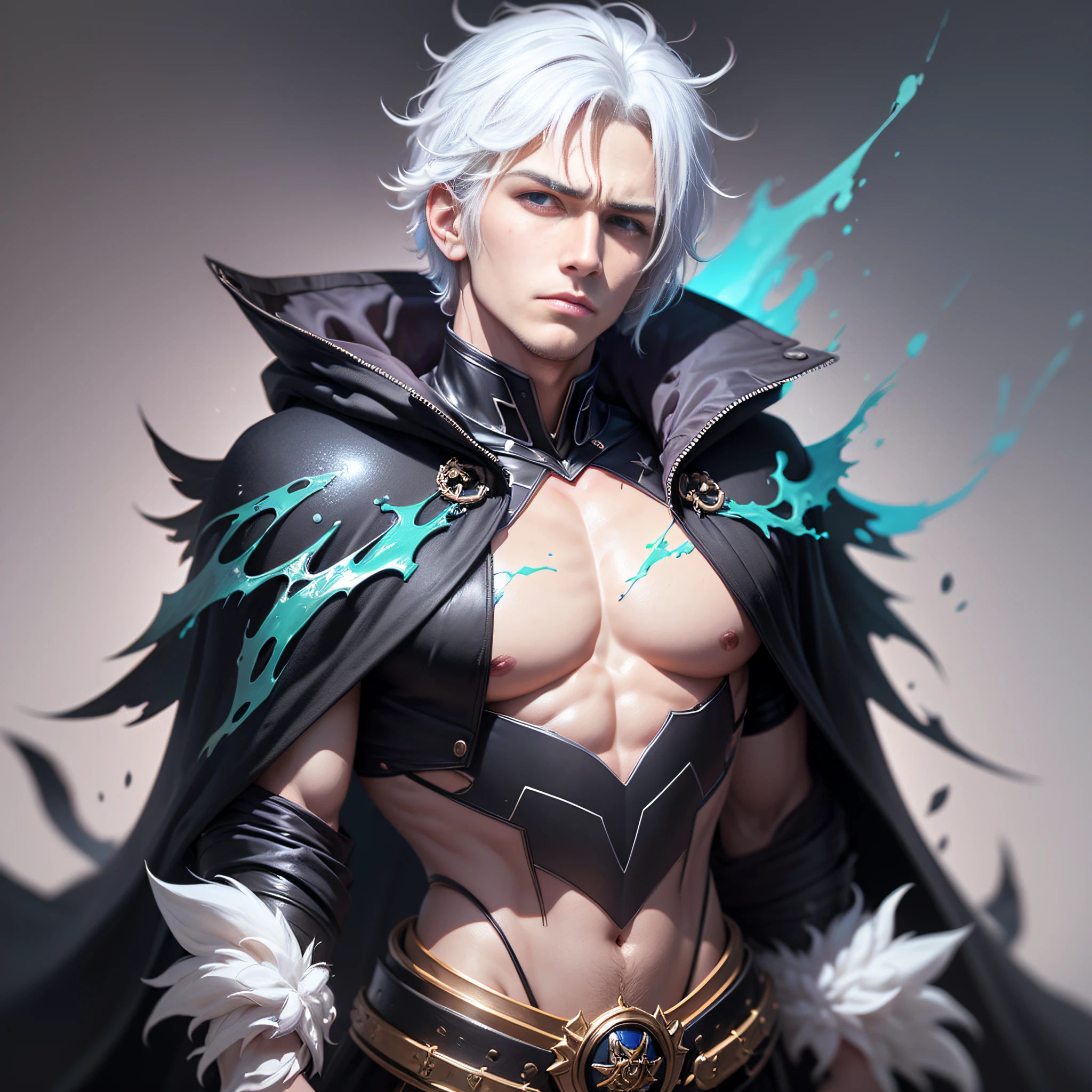 Cyberpunk male, fantasy world, dark background, clean design, epic instagram, artstation, colorful paint splatter, silhouette, hyper detailed intricate details, unreal engine, fantasy, intricate details, splash screen, complementary colors, Fantasy concept art, 8k resolution, deviantart masterpiece, oil painting, heavy strokes, paint dripping, (isolated on white background: 1.3), rainbow skin, (((handsome young man))), ((teenage:1.5) ), (glowing blue eyes), ((light eyes)), ((((short white hair: 1.1))), ((black clothes)), (prince\\(indifferent expression\\),, ( ((Wears high detail luxurious black robe))), white hair, frost magic, ((chest) --v 6