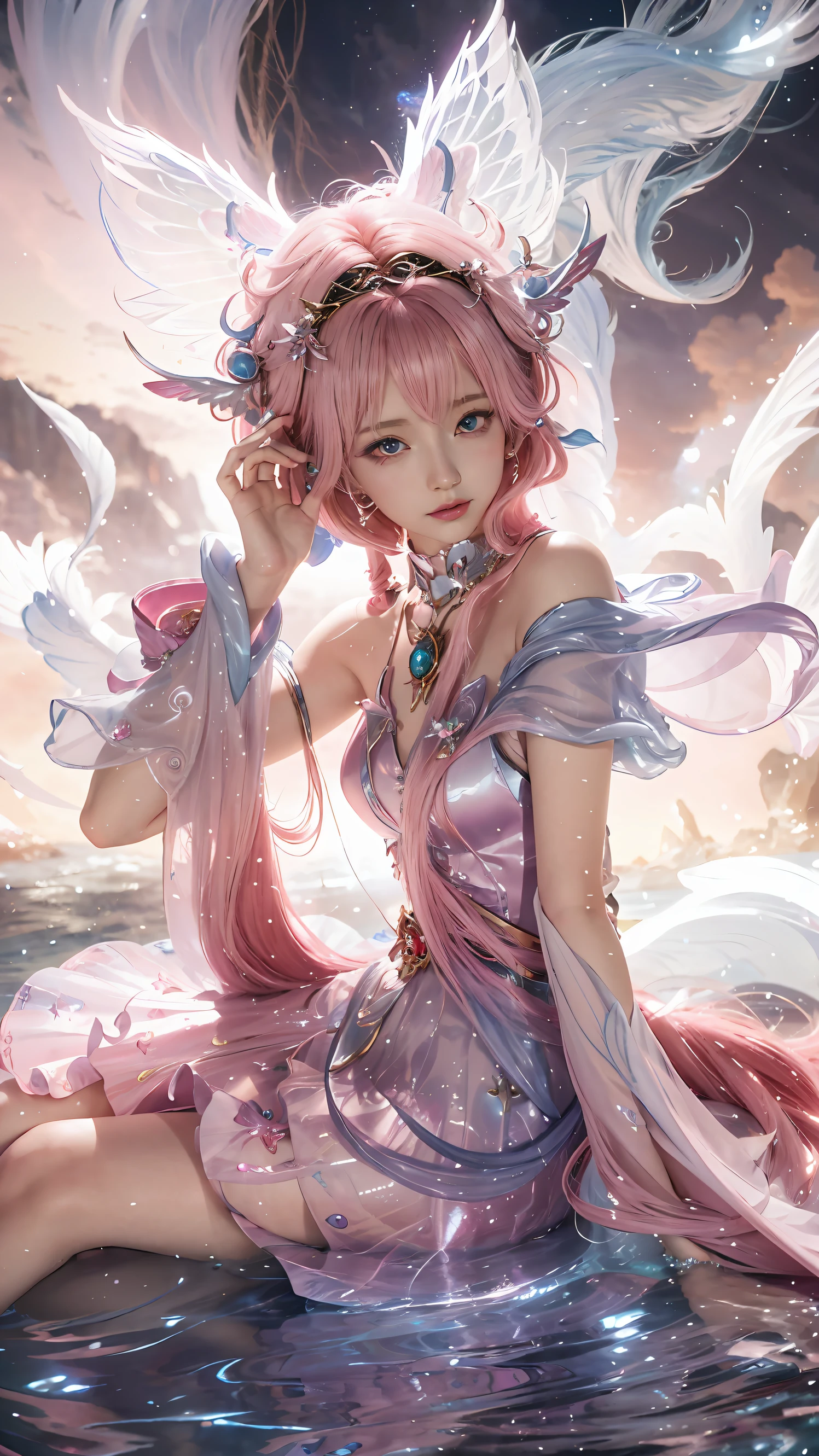 Anime girl with pink hair sitting in water with wings, beautiful fantasy anime, Anime fantasy illustration, Beautiful celestial mage, Anime goddess, Anime fantasy artwork, 2. 5 D CGI anime fantasy artwork, Fantasy art style, 8K high quality detailed art, Beautiful character painting, a beautiful fantasy empress, Extremely detailed Artgerm, Beautiful young wind spirit, Ethereal fantasy,k hd