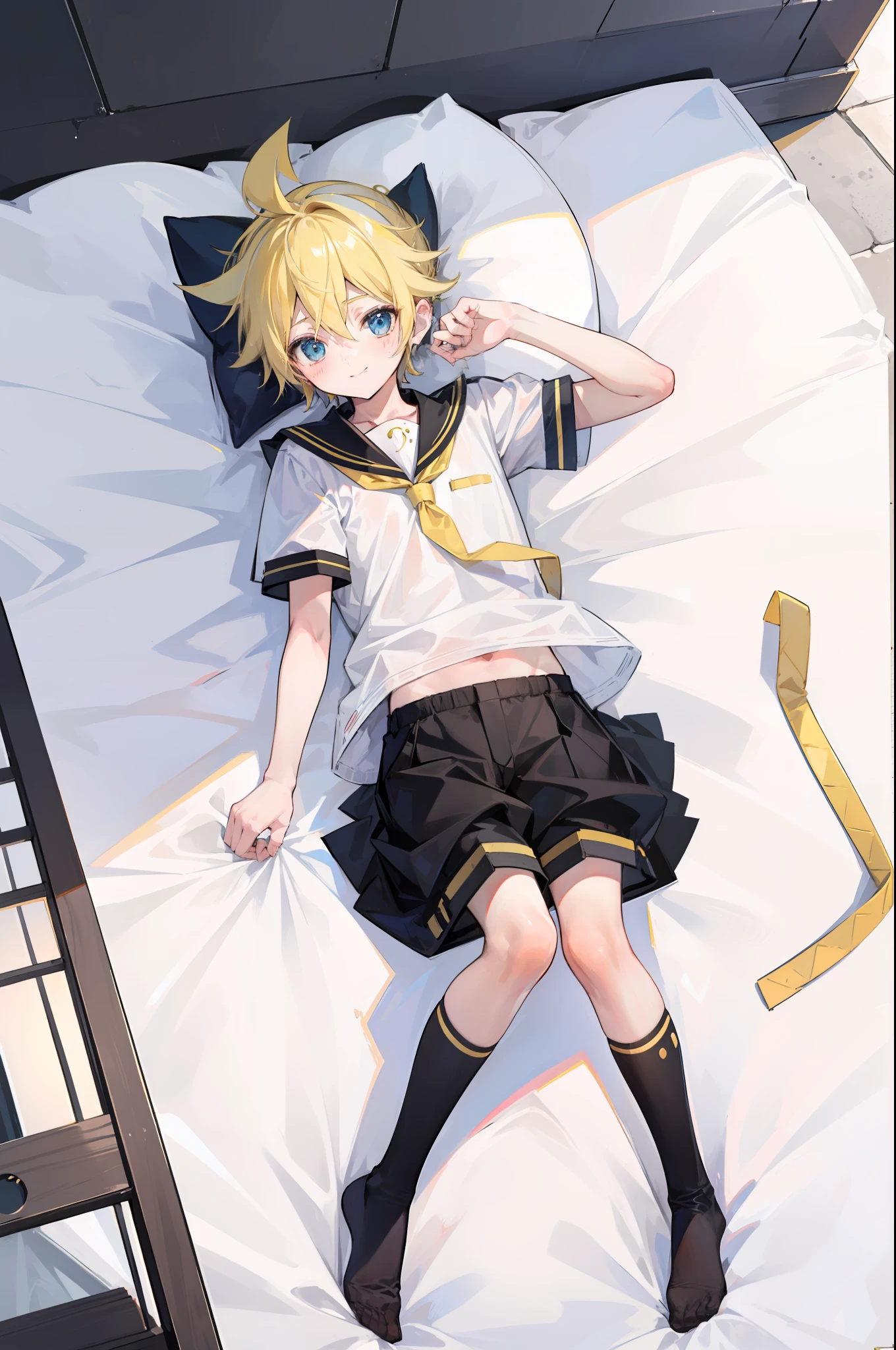 best quality, ultra precision, (one boy), (Len_Kagamine), blond hair, cowlick, outdoor, character focus, black short pants, sailor uniform, innocent, slender, blush, cute, cool, smile a little, happy, handsome, he loves you, ager, high school student, full body, sleep with you, male model, sexy, atractive boy