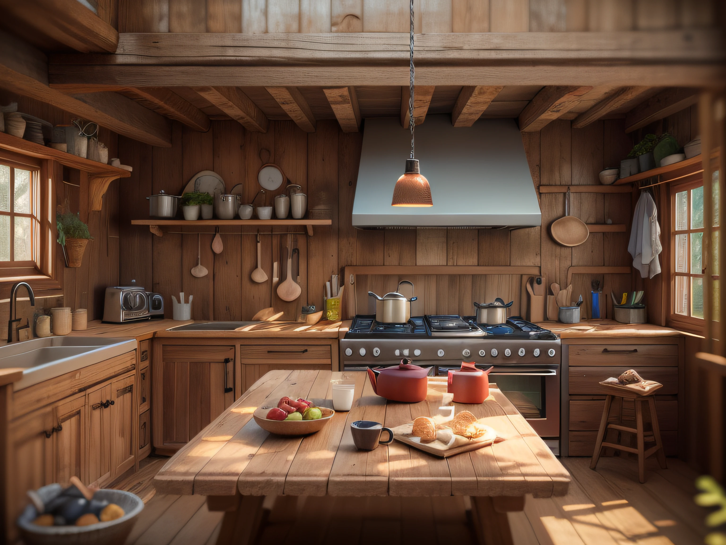 High-detail RAW color photography, Kitchen in a rustic wooden house, (higly detailed, hyper-detailing), particle fx, ray traced, 电影灯光, Shallow depth of field,sharp-focus