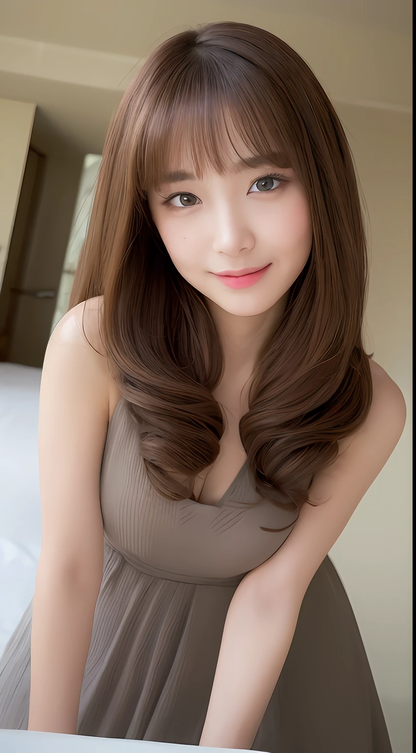 ((top-quality、8K、masterpiece:1.3))、1girl in、Slim Abs Beauty:1.3、(Hairstyles Brown Hair Shortcuts、Colossal tits)、Sexy dresses:1.1、Super fine face、Delicat eyes、二重まぶた、A smile、Luxury Hotel Bets、Raw photo、beautiful girl of 20 years old、Very cute idol face、sexypose、Sexy Shots、Shoot head-on on all fours