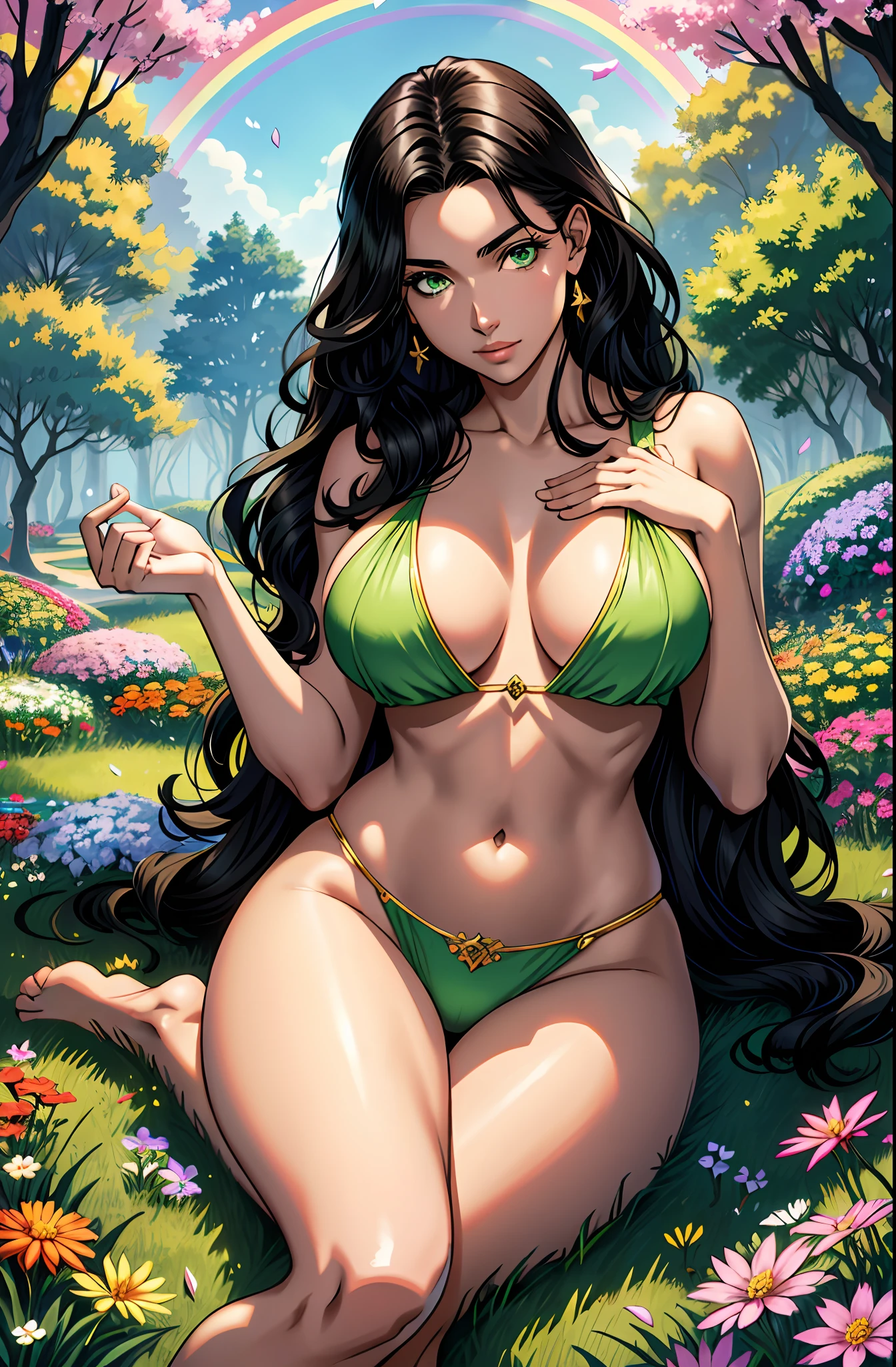 ((A young woman))), the anime, ( Green eyes), (black hair), Nice face, ssmile, the perfect body, Wavy Hair, hairlong, (((morena))), big breastes, ((tmasterpiece, beste-Qualit)), illustartion, ультра детализированная 8k, Photorealistic, sharp-focus, higly detailed, Professional lighting, colorful details, Rainbow colors, Glowing, intricate detials, Vivid details, garden, lots of flowers, the trees, lying on the ground, The body is covered with flowers, Painting in flowers