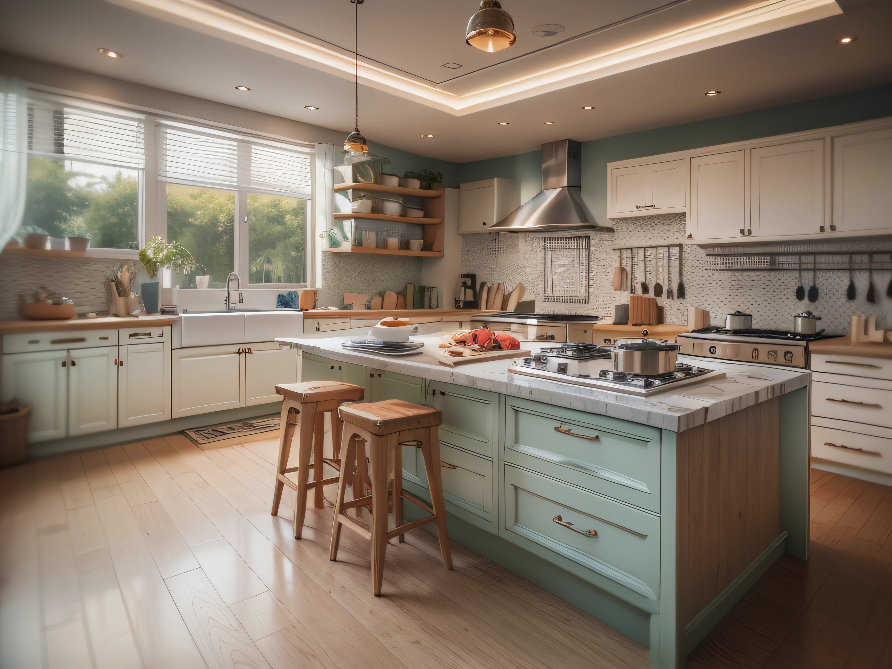 High-detail RAW color photography, Avant-garde kitchen, (higly detailed, hyper-detailing), particle fx, ray traced, 电影灯光, Shallow depth of field, photographed with Sony a9 II, 50mm wide angle lens, sharp-focus