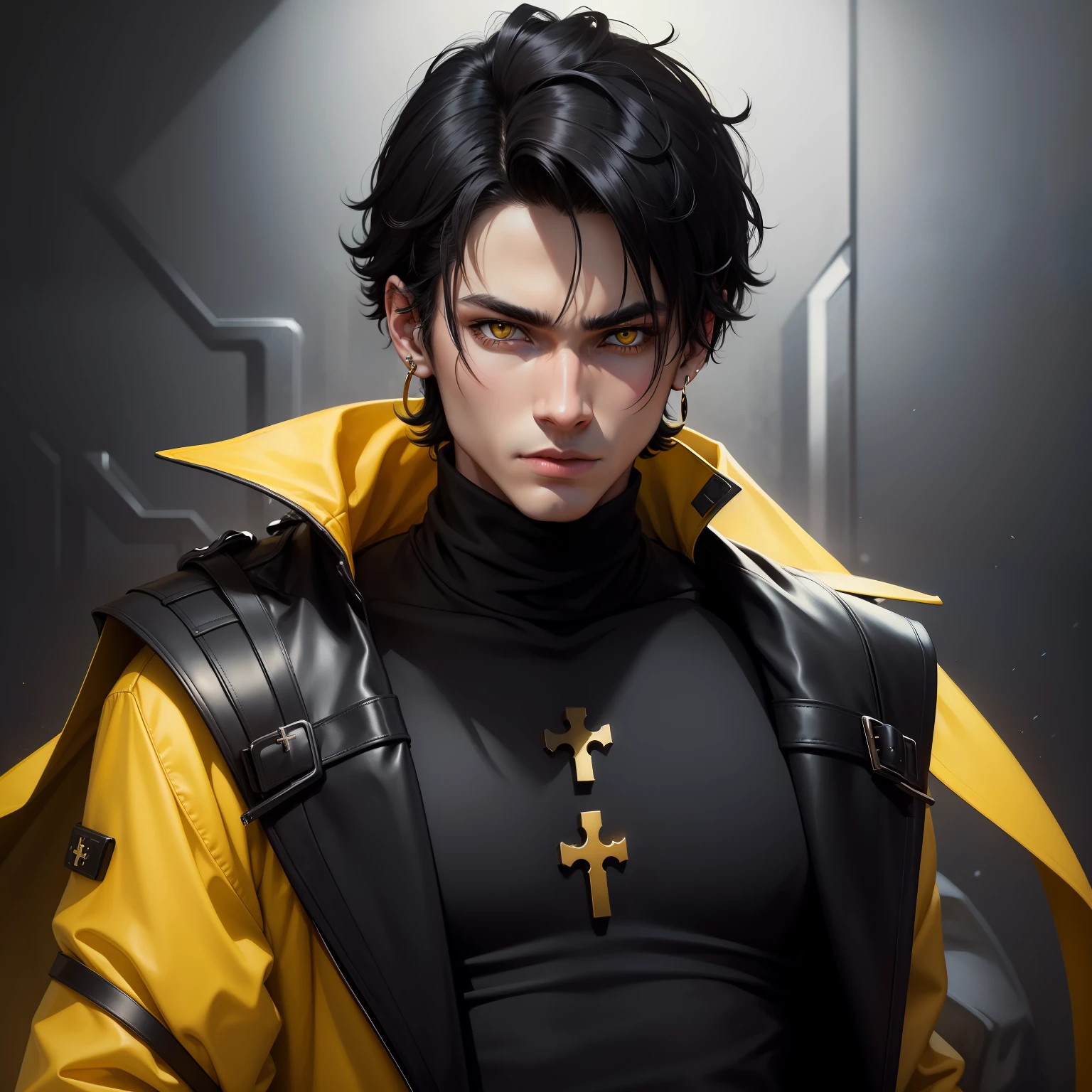 Aime boy, black hair, yellow eyes, wear a black turtleneck, long outer coat, ear piercing, wearing cross-shaped earrings, no beard, black clothes; dark fantasy,
