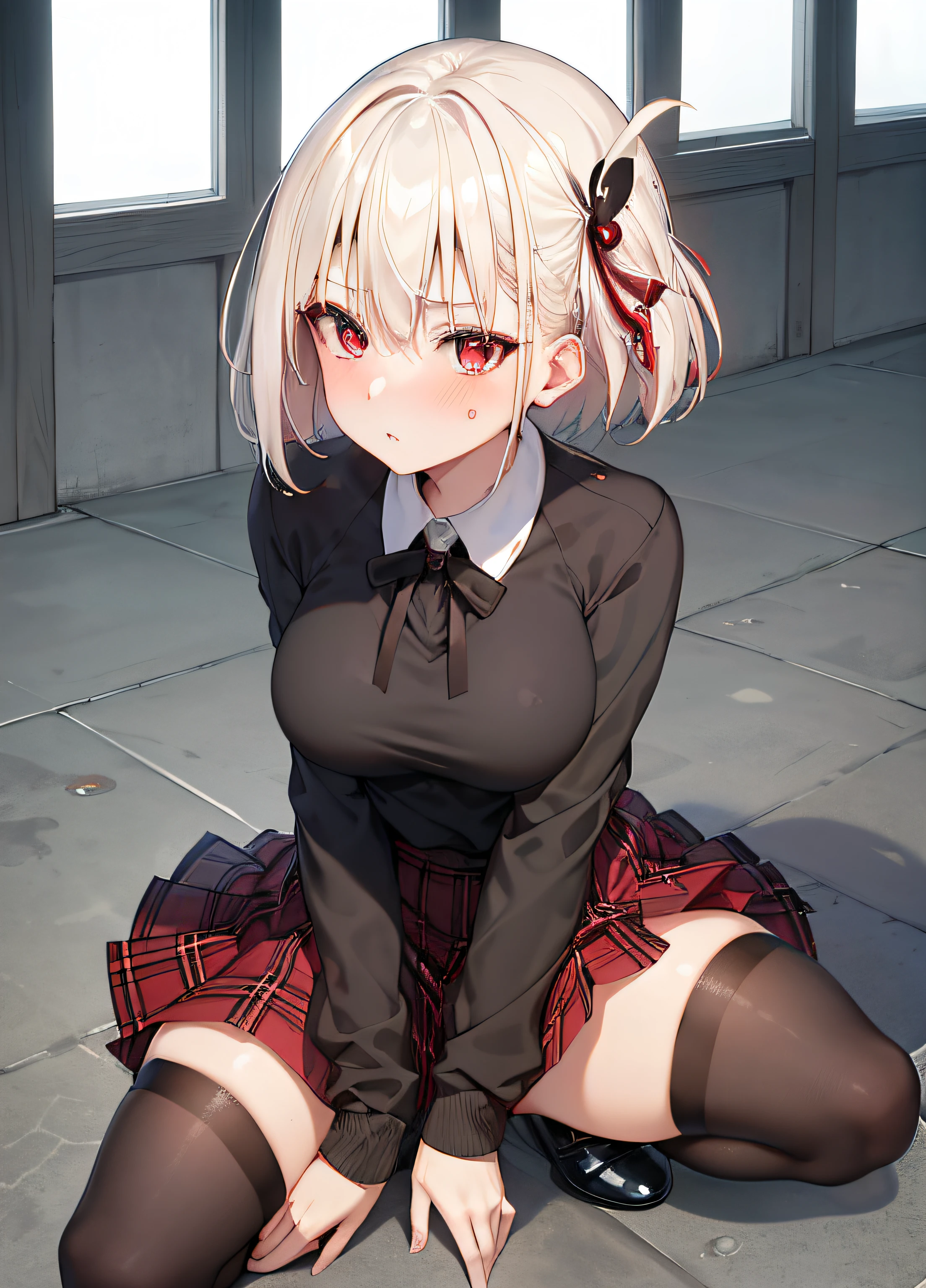 masterpiece, high quality, best quality, one girl,platinum blonde,medium hair,red eyes
 , Middle chest, Black tied shirt, Plaid miniskirt, Black lace, Sweatshirt, Stockings, Skull hair clip, Makeup, Blush, Goth, Moan