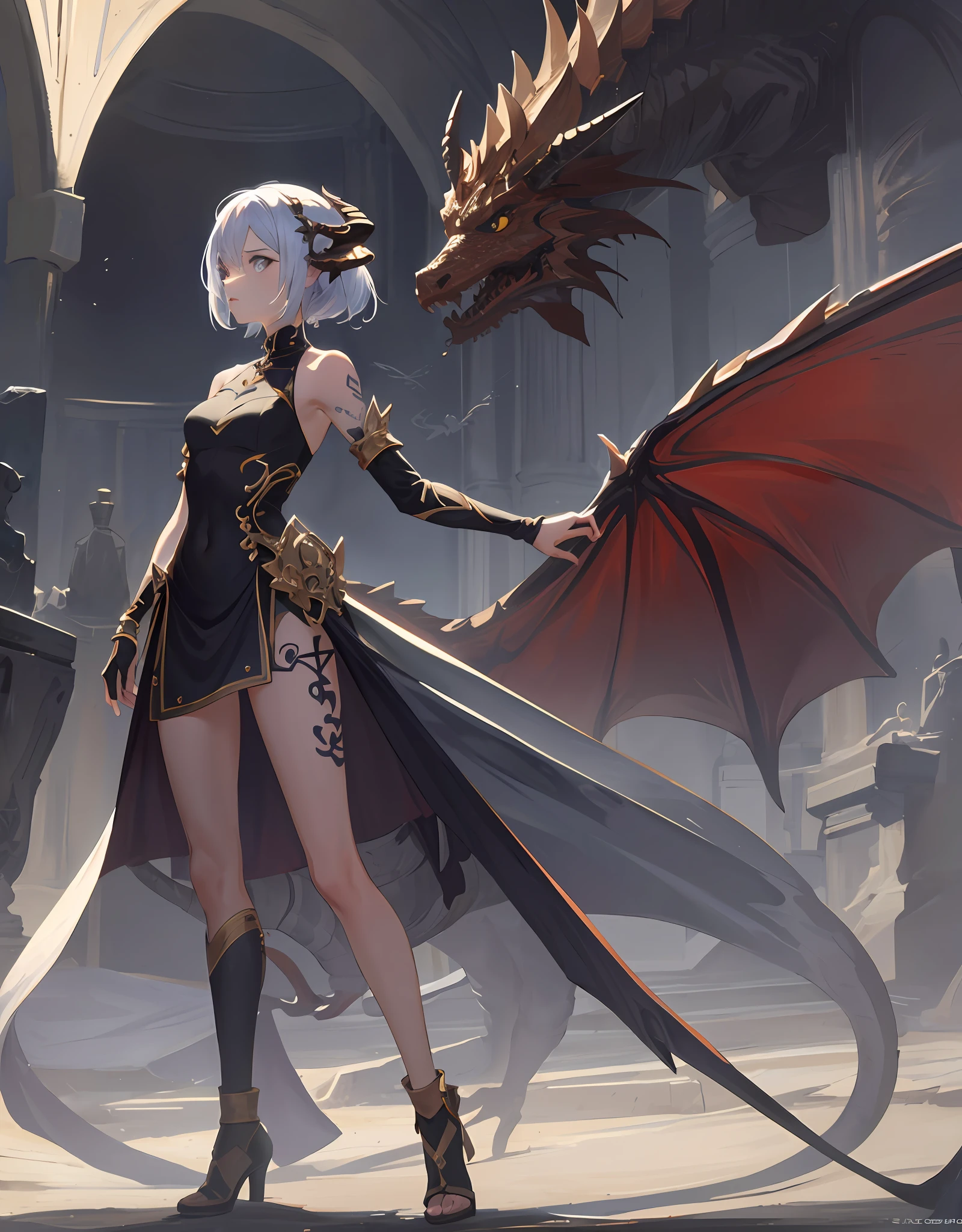 masterpiece, best quality, absurdres, perfect anatomy, standing, 1girl, solo, arm tattoo, bare shoulders, sleeveless, dress, dragon girl, dragon horns, jewelry, tail