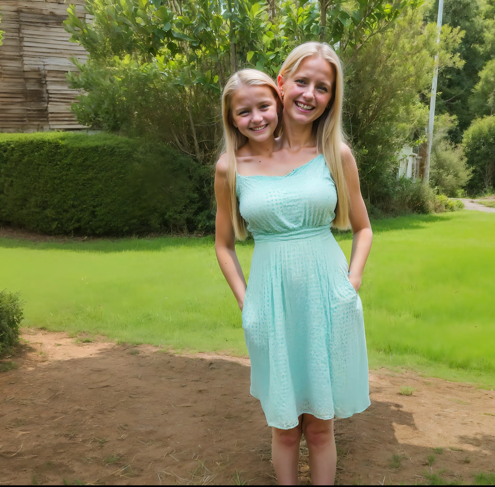 2heads, two headed girl, (mom and daughter attached to each other:1.5), (left head is a child:1.5), (one torso:1.5), (female:1.5), (blonde:1.5), (two heads attached to one body:1.4), conjoined twins, heads side by side, one body, young, uncomfortable, barefoot, bare breasts