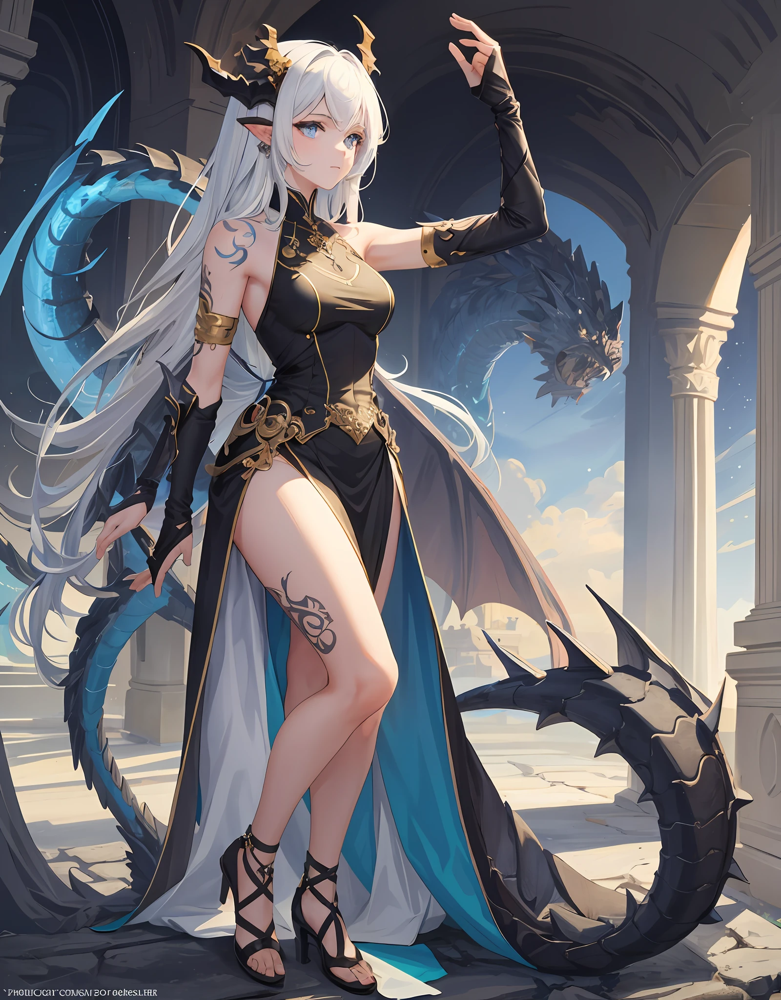 masterpiece, best quality, absurdres, perfect anatomy, standing, 1girl, solo, arm tattoo, bare shoulders, sleeveless, dress, dragon girl, dragon horns, jewelry, tail