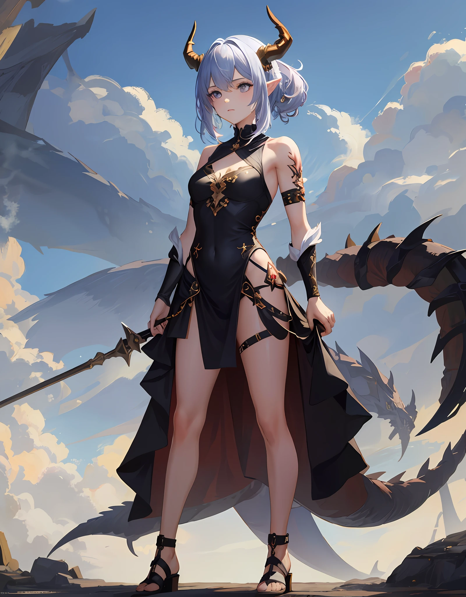 masterpiece, best quality, absurdres, perfect anatomy, standing, 1girl, solo, arm tattoo, bare shoulders, sleeveless, dress, dragon girl, dragon horns, jewelry, tail