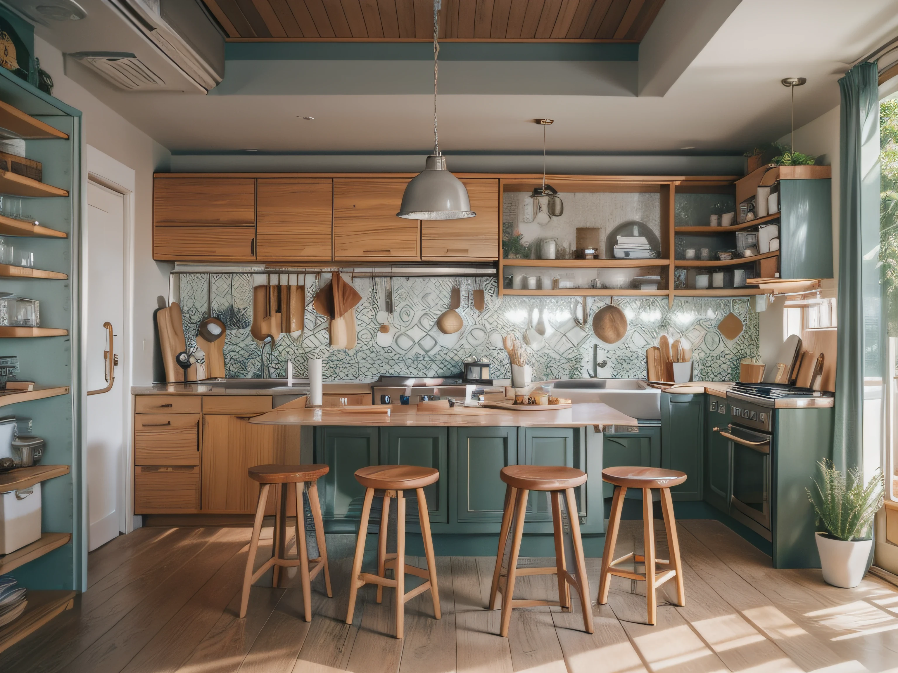 High-detail RAW color photography, Avant-garde kitchen, (higly detailed, hyper-detailing), particle fx, ray traced, 电影灯光, Shallow depth of field, photographed with Sony a9 II, 50mm wide angle lens, sharp-focus
