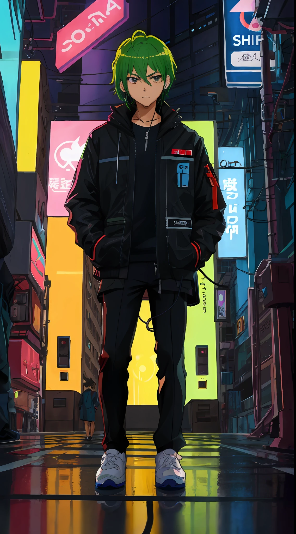 menino anime, standingn, Foco masculino, Black jacket, hands in a pocket, short hair, sozinho, fones de ouvido, cyberpunk, neon