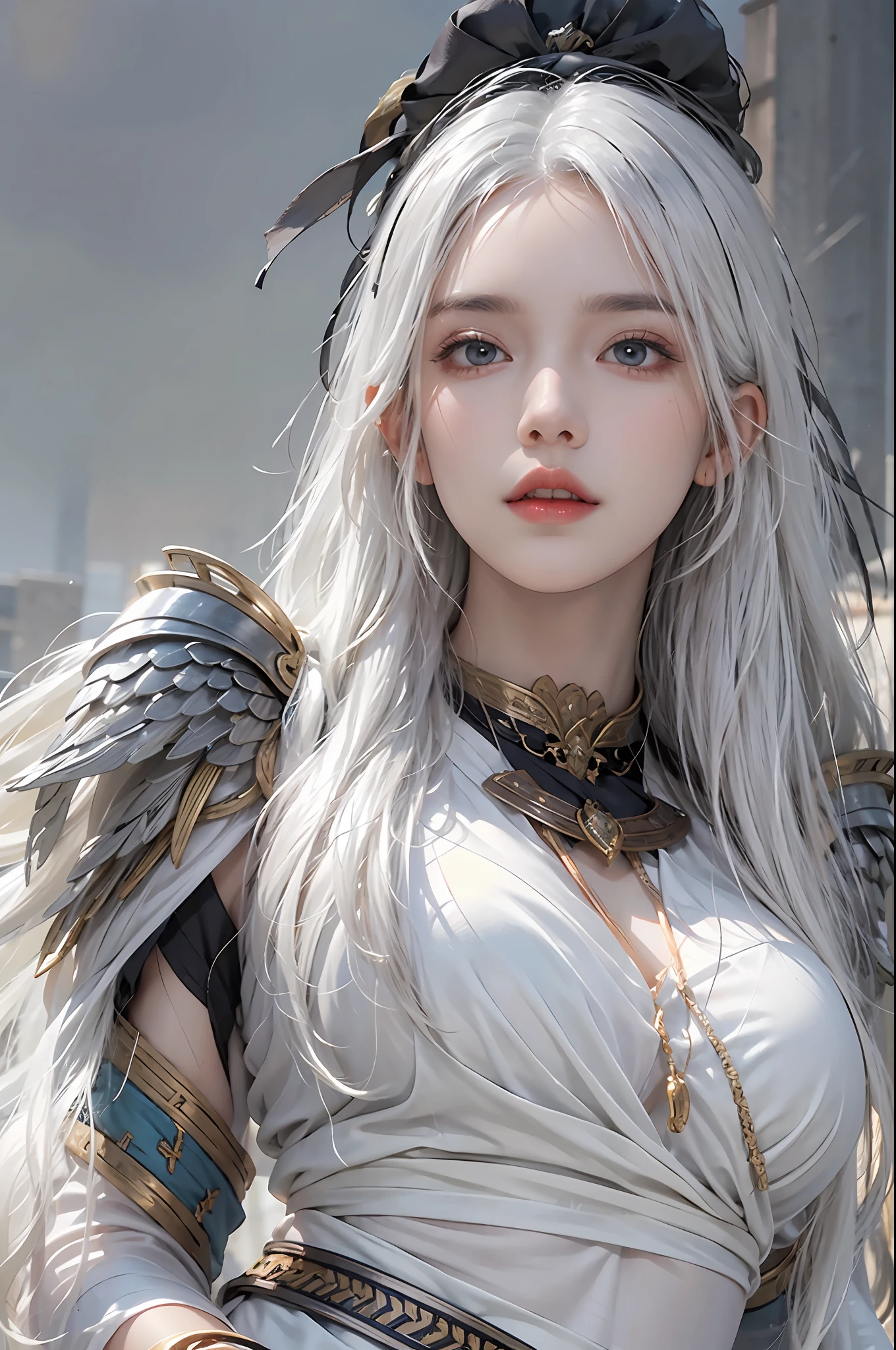photorealistic, high resolution, 1 women, solo, hips_up, hips up, beautiful eyes, long hair, white hair, look at viewer, close lips, detailed face, long hair, NARAKA BLADEPOINT outfit, martial style