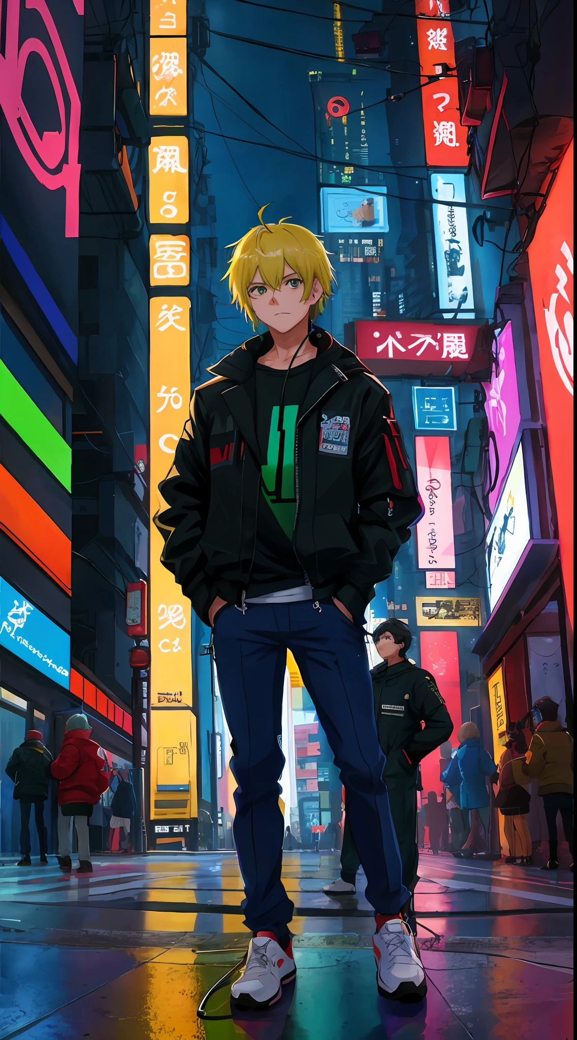 menino anime, standingn, Foco masculino, Black jacket, hands in a pocket, short hair, sozinho, fones de ouvido, cyberpunk, neon