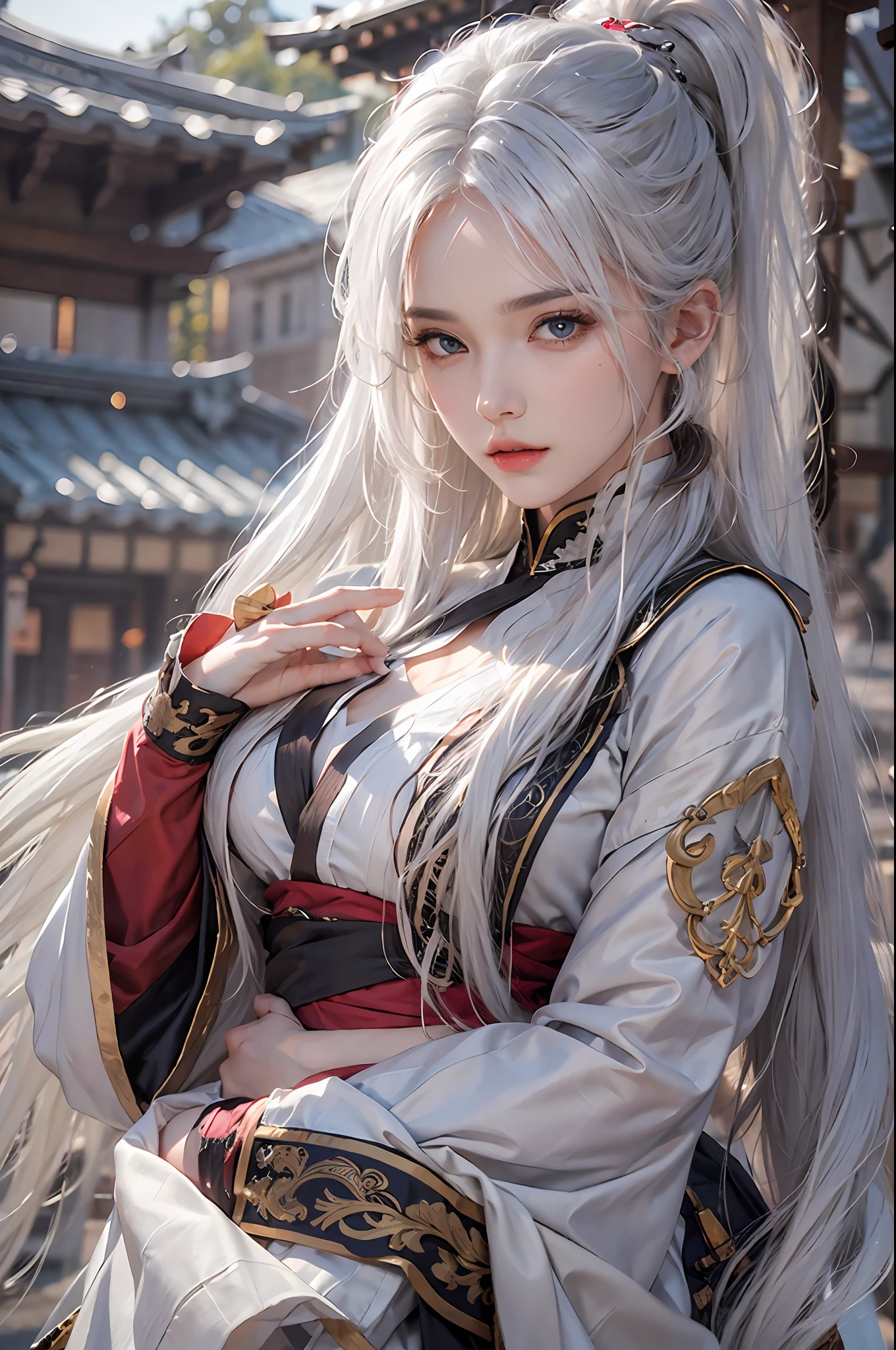 photorealistic, high resolution, 1 women, solo, hips_up, hips up, beautiful eyes, long hair, white hair, look at viewer, close lips, detailed face, long hair, NARAKA BLADEPOINT outfit, martial style