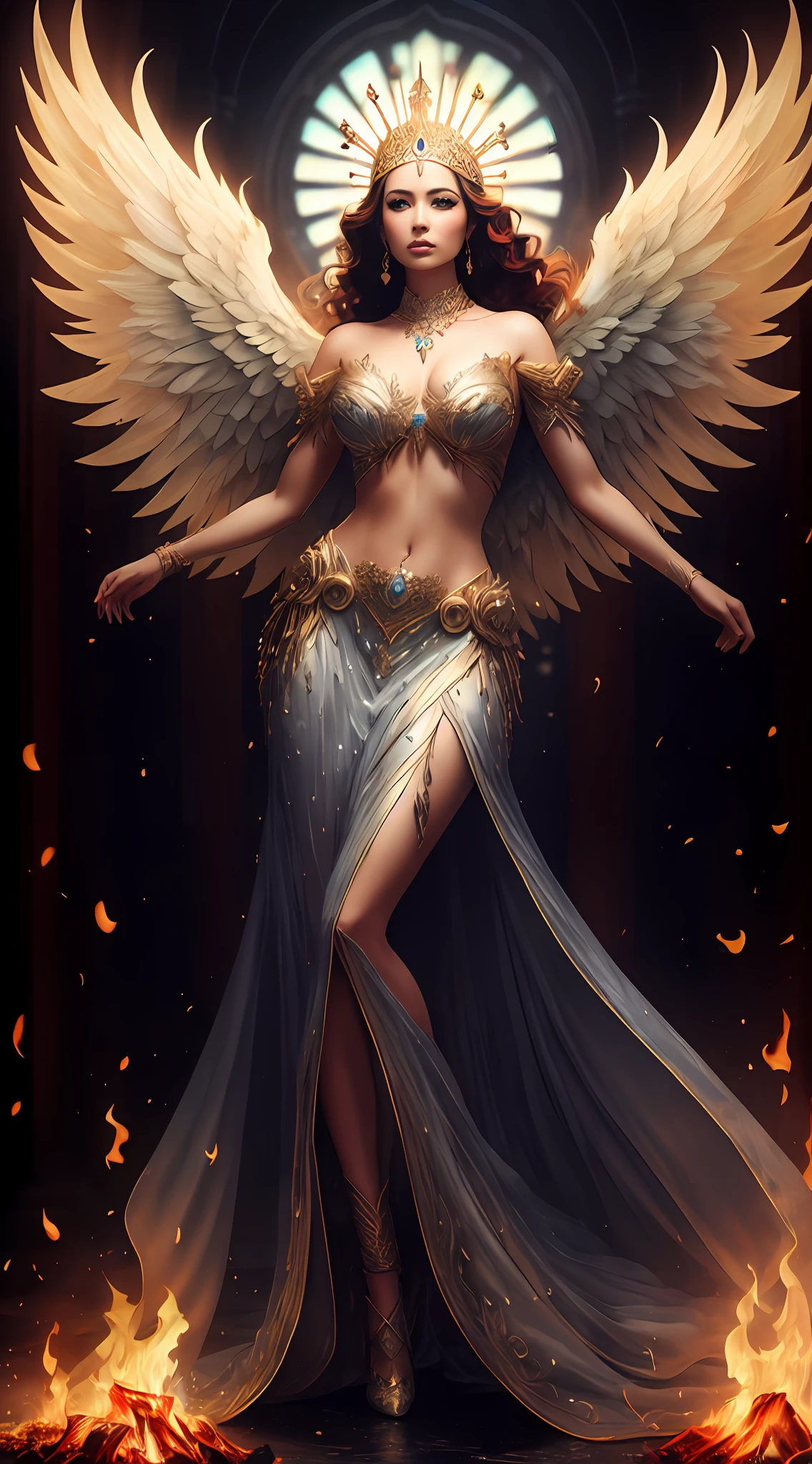 Pintura de una mujer con alas y un halo parada frente a un fuego, con ardientes alas doradas de llamas, Diosa del Fuego, Diosa de la ira, con ardientes alas doradas, aparece como la diosa del fuego, Arte del hechizo del fuego sagrado, tall female angel, Diosa del Fuego, full - body majestic angel, Diosa de la Luz, Artgerm Julie Bell Beeple, Hechizo de llama sagrada, Vibrant color palette game and super intricate great shadows, pintura mate, minuciosamente detallado, fino y delicadamente detallado, motor irreal delicadamente detallado con octanaje intrincado, fondo detallado en microminutos, complejidades 3D realzadas, Perfect and super detailed 8K composition, regla de los tercios, motionVFX, Sony Pictures Animation, The Foundry VFX, inmensamente perfecto, perfectamente detallado, intrincadamente definido, definitivamente real, Verdaderamente realista, Realistically epic, por Satori Canton, photography by alberto seveso