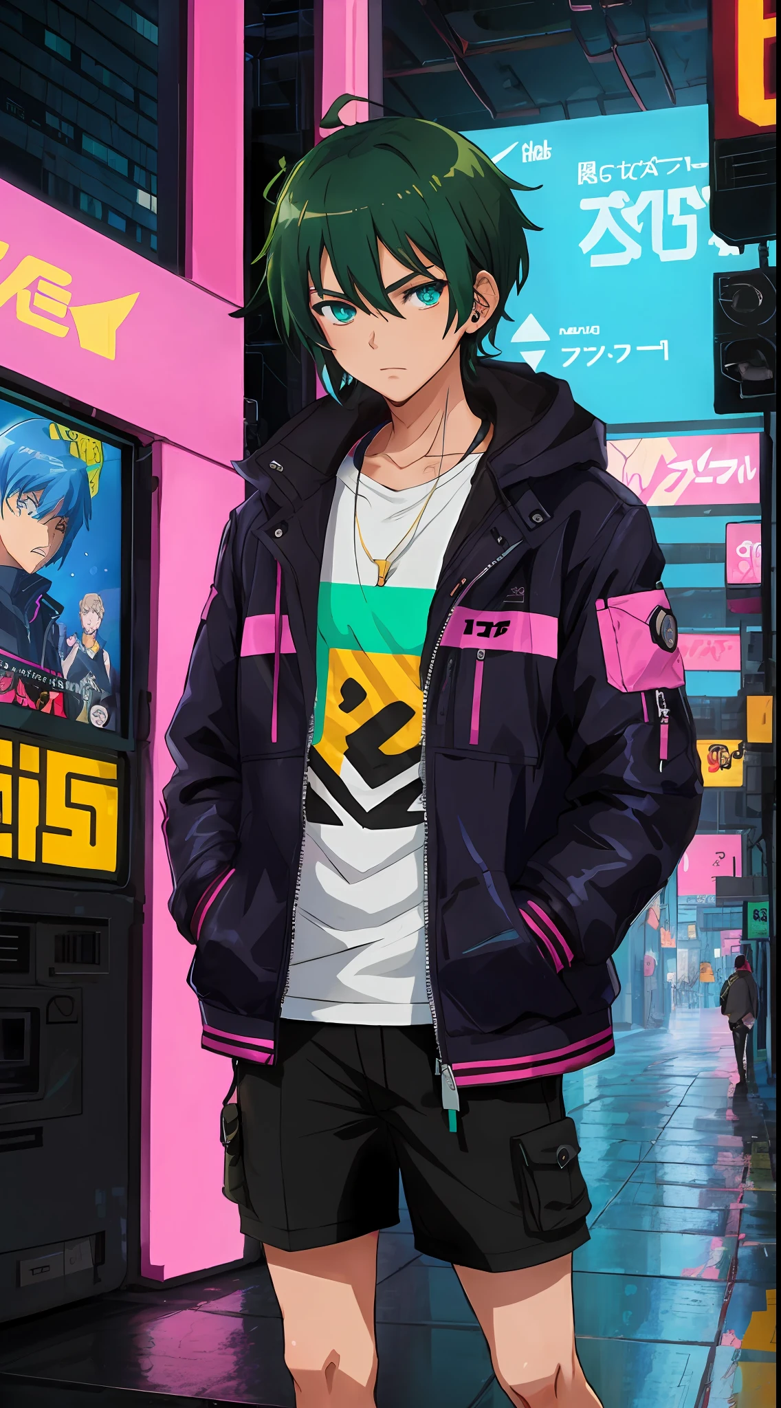 anime, standingn, Foco masculino, Black jacket, hands in a pocket, short hair, sozinho, fones de ouvido, cyberpunk, neon