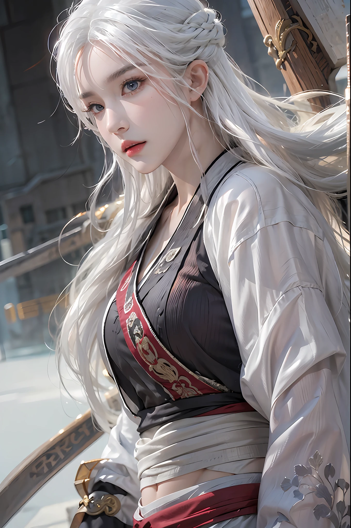 photorealistic, high resolution, 1 women, solo, hips_up, hips up, beautiful eyes, long hair, white hair, look at viewer, close lips, detailed face, long hair, NARAKA BLADEPOINT outfit, martial style