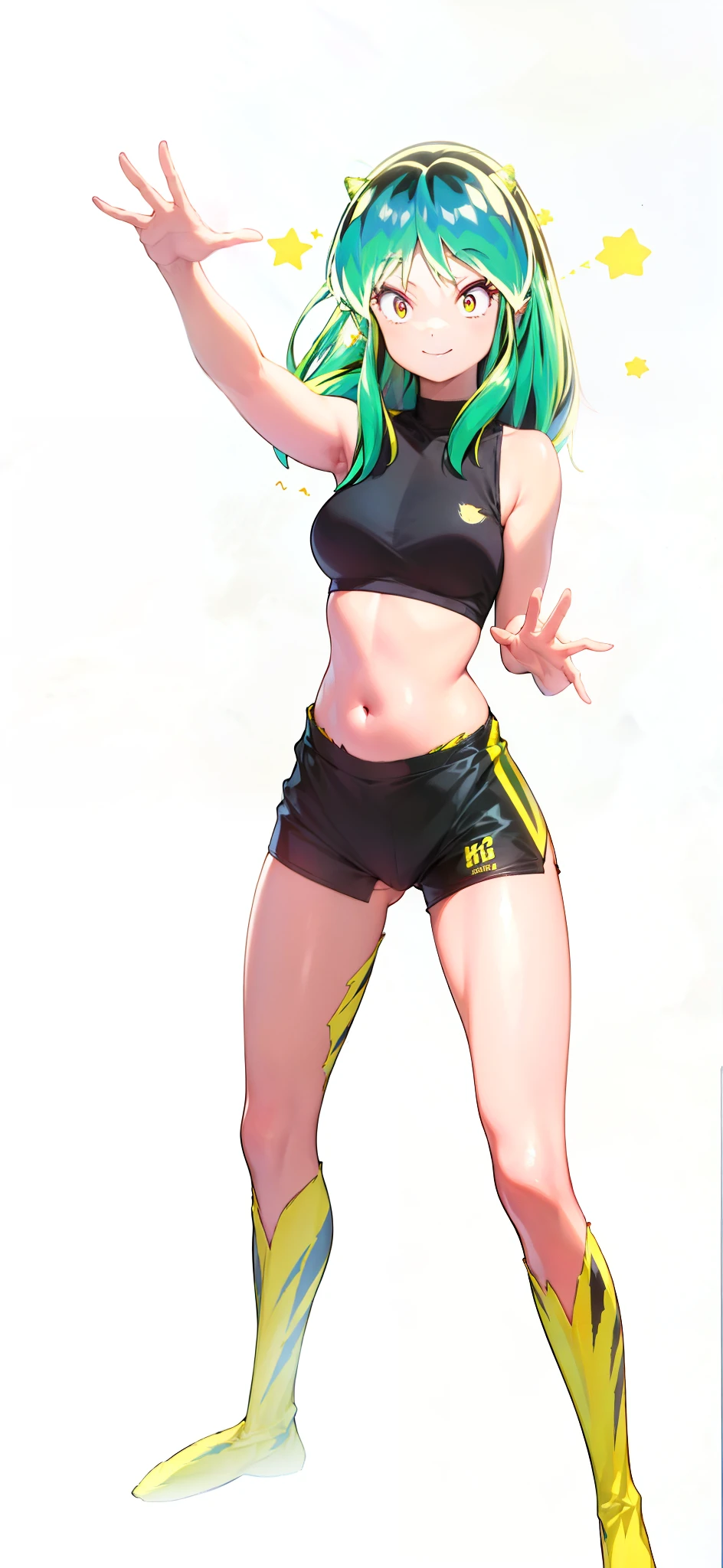 Tiger print boots、sport underwear、Woman with green hair and horns、Tiger print bikini、dance、animesque、urusei yatsura、A smile