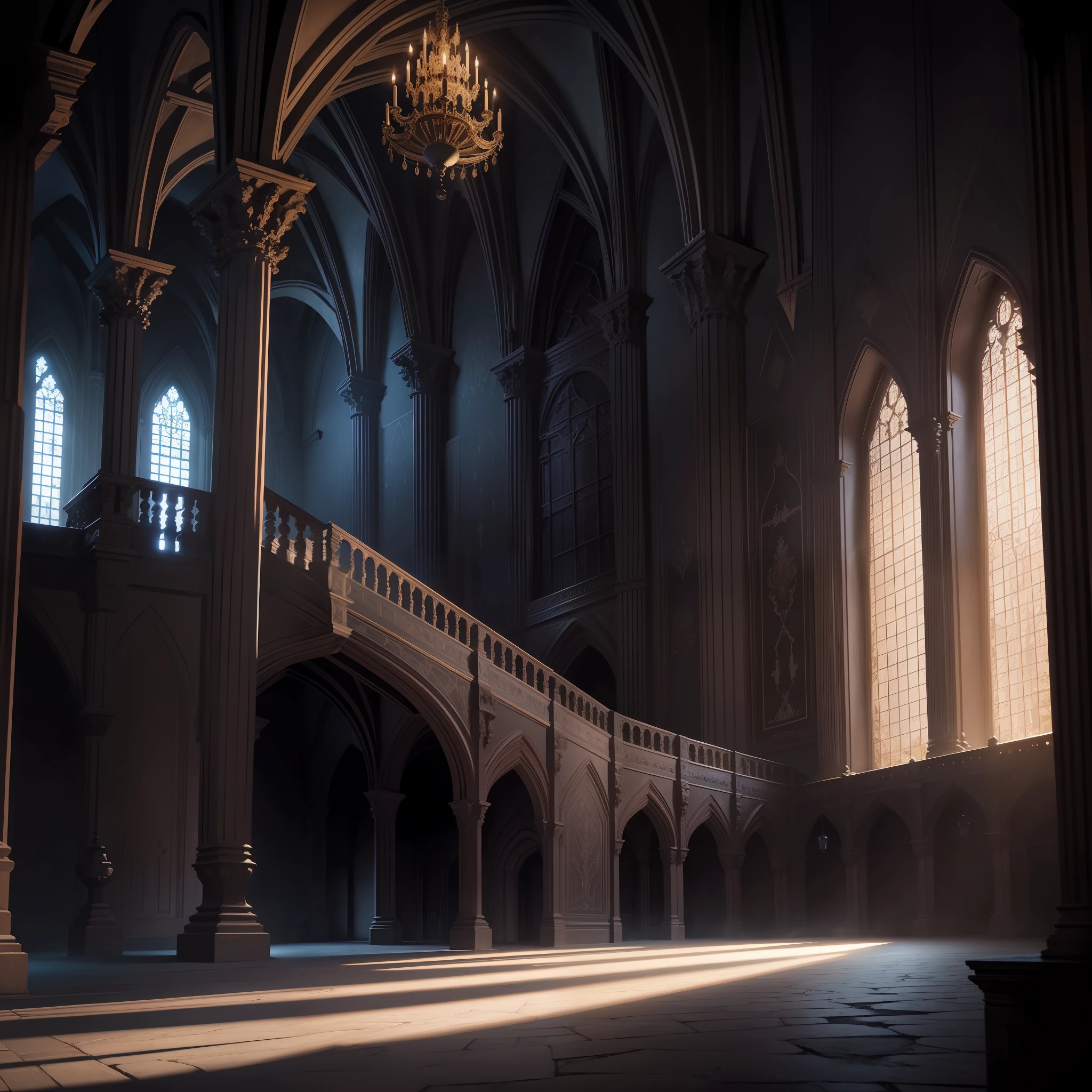 Large old dark castle interior, ((15th century)), during night, Ultra photo realsisim, Photorealistic, Complex composition,Dark,prolong