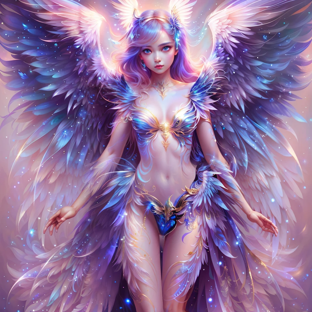 1 female angel、Full body standing painting,Detailed and beautiful face,Blue wings grow on the back、with black background,tmasterpiece,best qualtiy