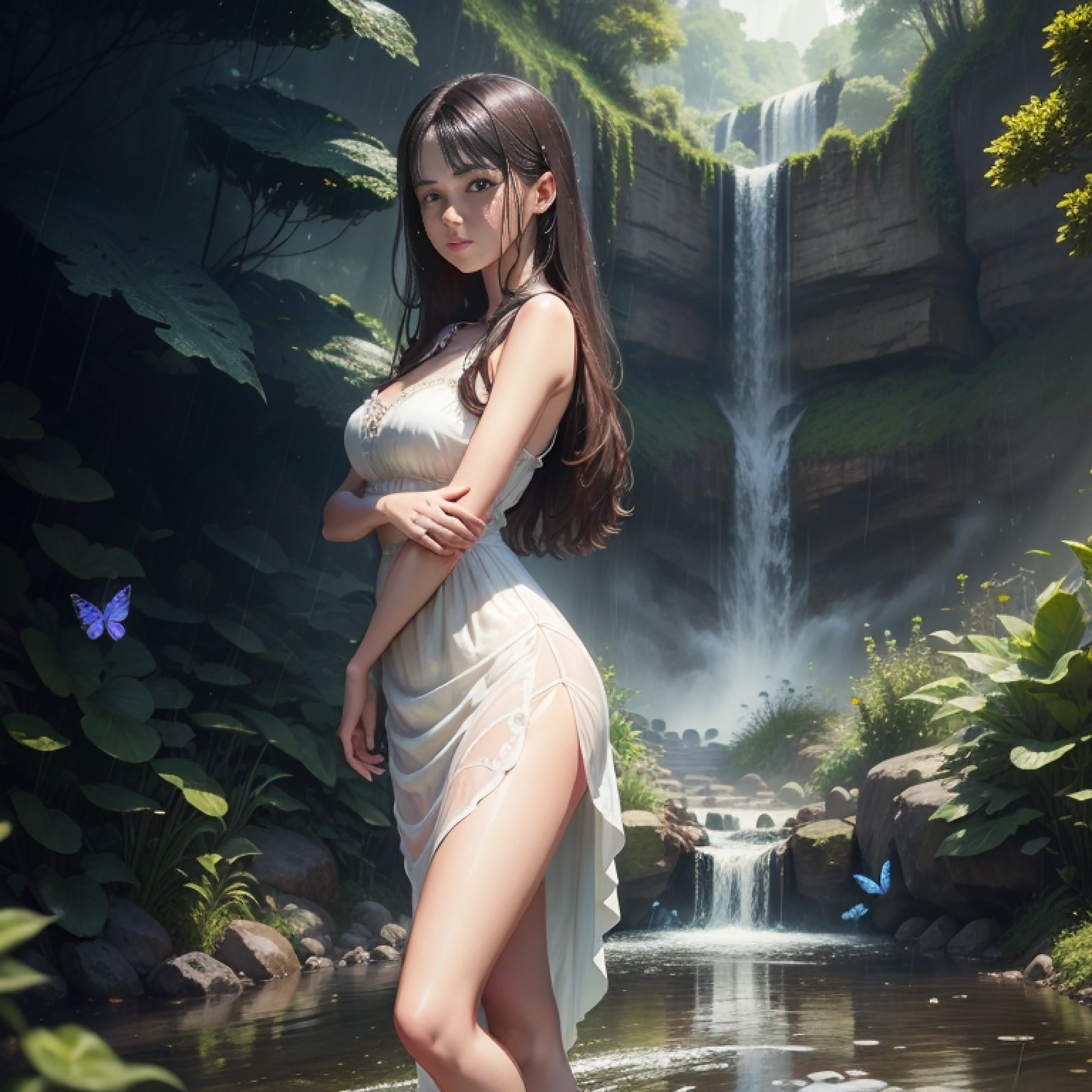 raining day，A beautiful brunette girl walks by a stream，Surrounded by butterflies，The waterfall in the distance is like a rainbow，The girl wore a long white dress，The skirt flutters in the wind，stereograms,  angle of view, Atmospheric perspective Best quality, Textured skin, Best quality，Beautiful face，Long legs，Sexy babes，8K