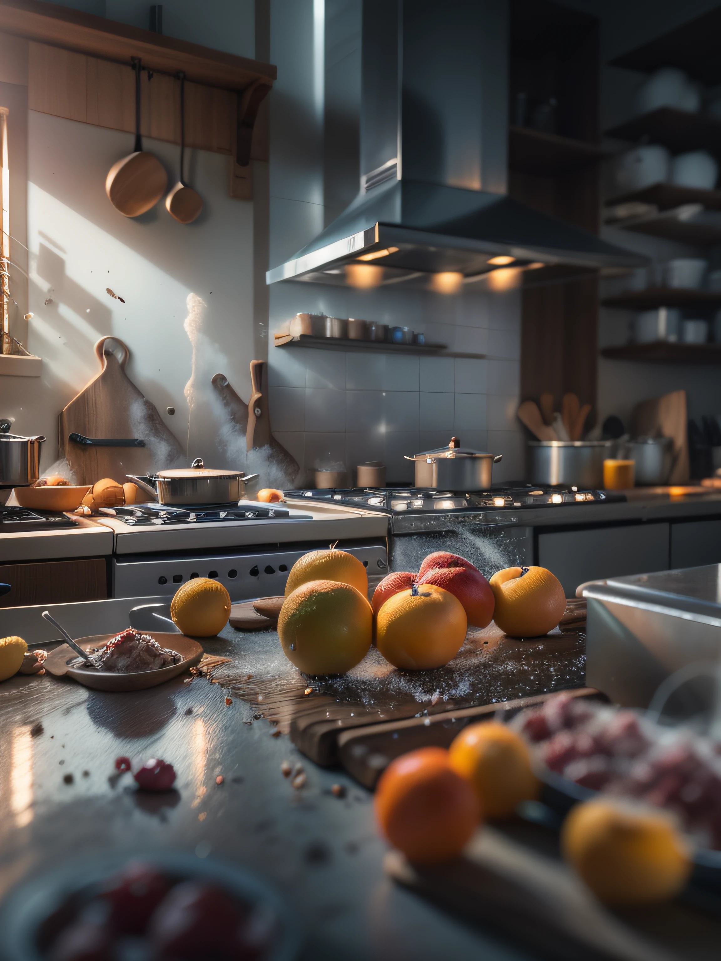 High Detail RAW color photography, avant-garde kitchen, (High Detail, Hyper Detail), Particle Effects, Ray Tracing, Cinematic Lighting, shallow depth of field, photographed with Sony a9 II, 50mm wide angle lens, Sharp Focusing