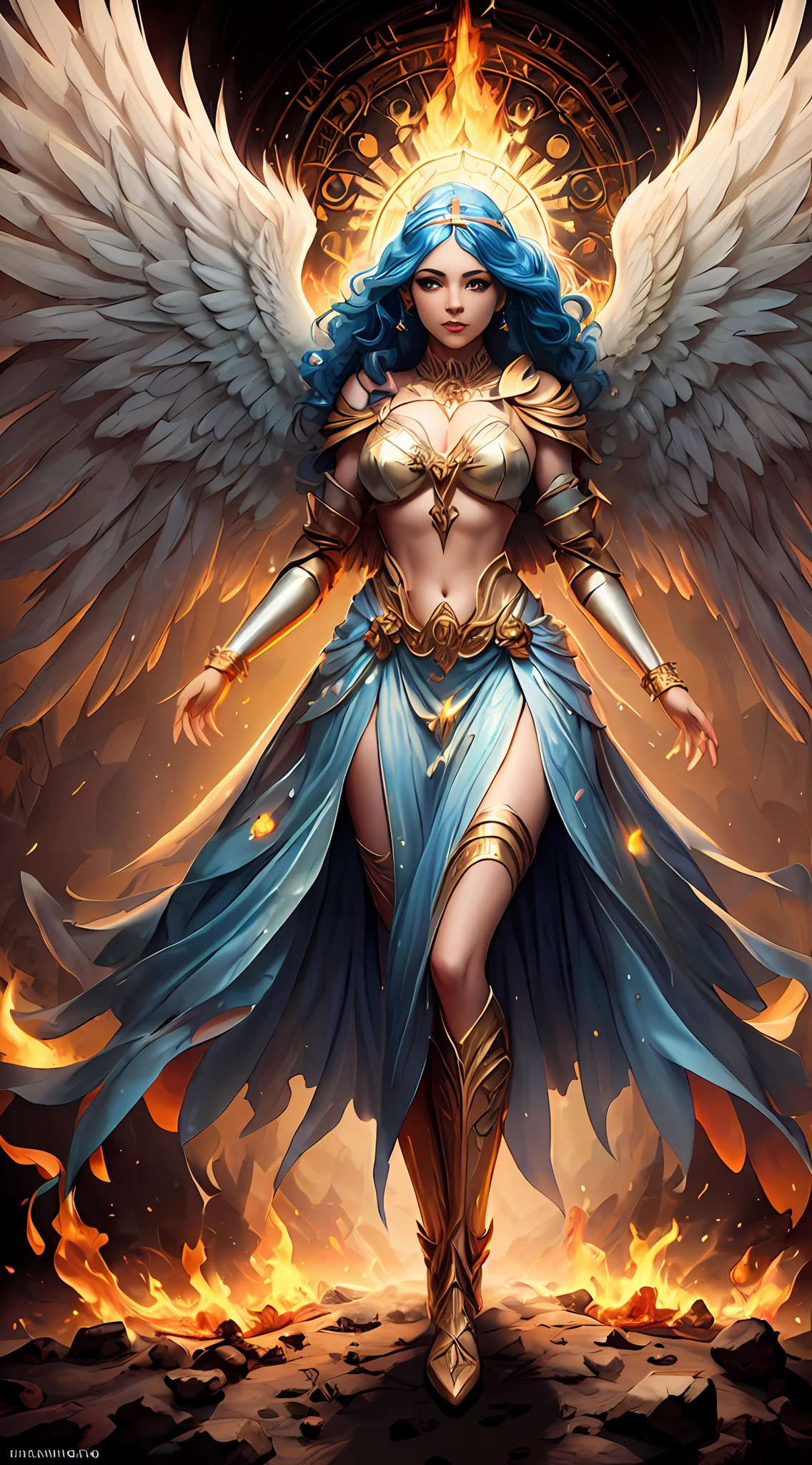 Pintura de una mujer con alas y un halo parada frente a un fuego, con ardientes alas doradas de llamas, Diosa del Fuego, Diosa de la ira, con ardientes alas doradas, aparece como la diosa del fuego, Arte del hechizo del fuego sagrado, tall female angel, Diosa del Fuego, full - body majestic angel, Diosa de la Luz, Artgerm Julie Bell Beeple, Hechizo de llama sagrada, Vibrant color palette game and super intricate great shadows, pintura mate, minuciosamente detallado, fino y delicadamente detallado, motor irreal delicadamente detallado con octanaje intrincado, fondo detallado en microminutos, complejidades 3D realzadas, Perfect and super detailed 8K composition, regla de los tercios, motionVFX, Sony Pictures Animation, The Foundry VFX, inmensamente perfecto, perfectamente detallado, intrincadamente definido, definitivamente real, Verdaderamente realista, Realistically epic, por Satori Canton, photography by alberto seveso