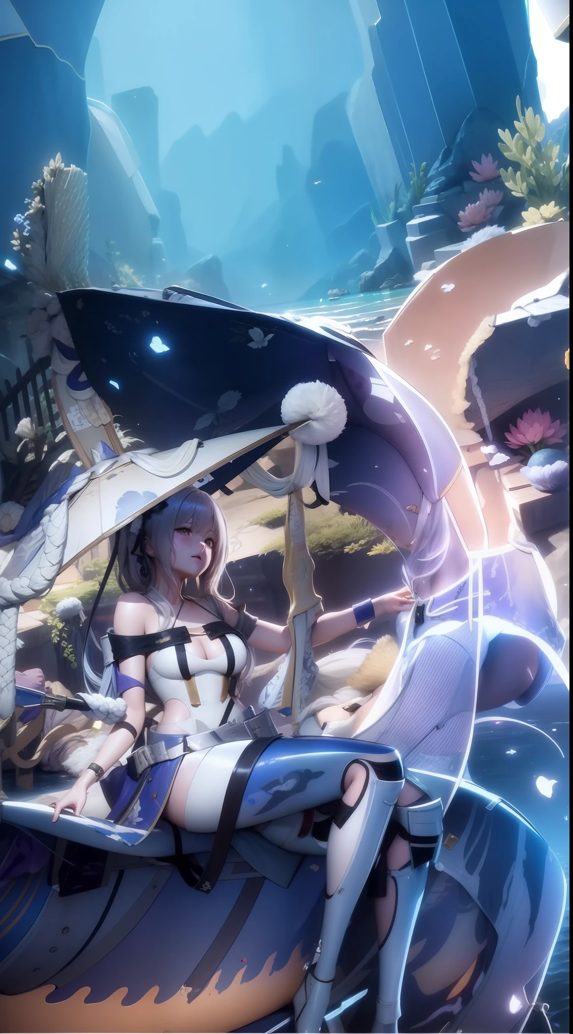 Anime girl sitting on fish，Umbrella in the water, A scene from the《azur lane》videogame, azur lane style, 《azur lane》role, Ayaka Genshin impact, 2. 5 D CGI anime fantasy artwork, Detailed key anime art, Anime fantasy illustration, high detailed official artwork, Anime fantasy artwork, From Arknights, Detailed digital anime art